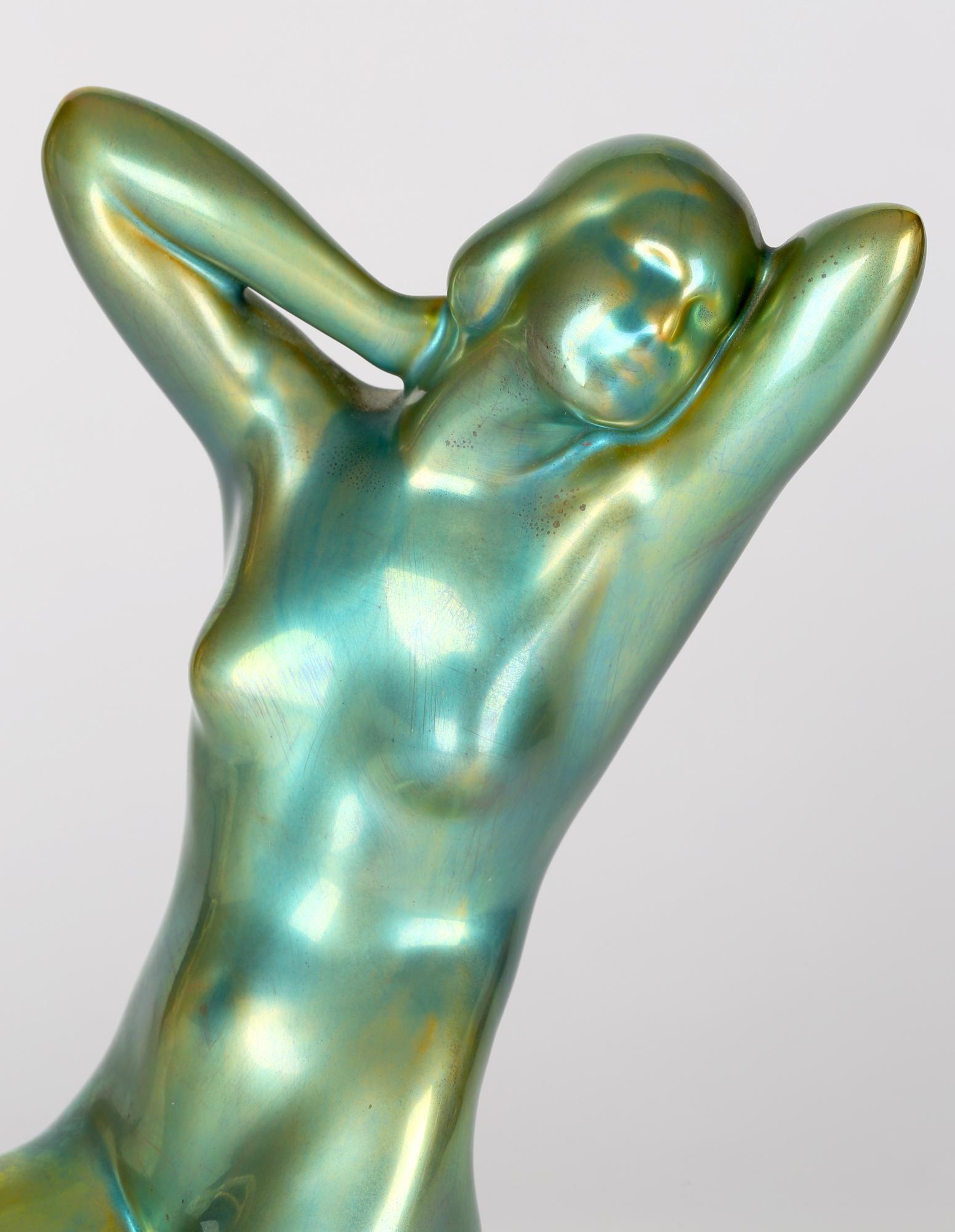 Zsolnay Pecs Art Deco Eosin Metallic Green Glazed Nude Figurine For Sale 9