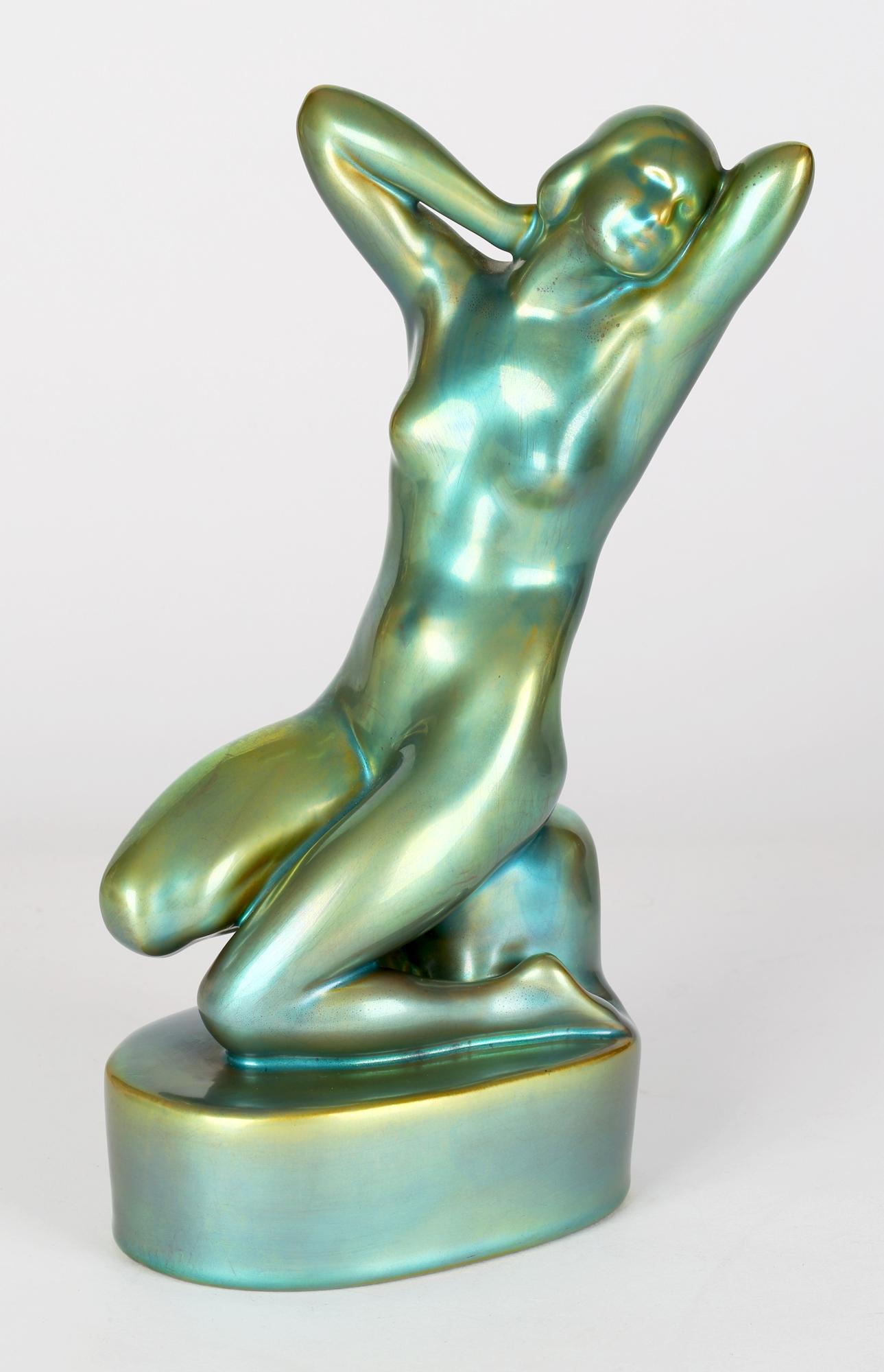 Ceramic Zsolnay Pecs Art Deco Eosin Metallic Green Glazed Nude Figurine For Sale