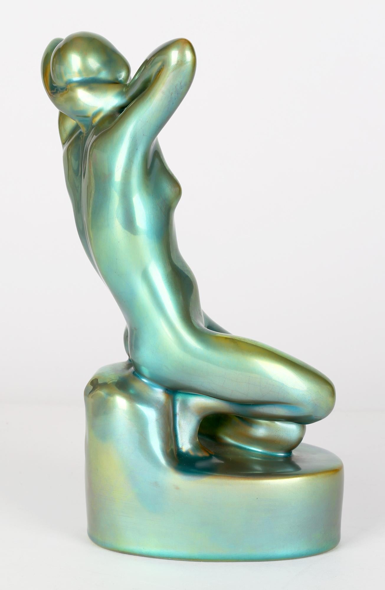 Zsolnay Pecs Art Deco Eosin Metallic Green Glazed Nude Figurine For Sale 2