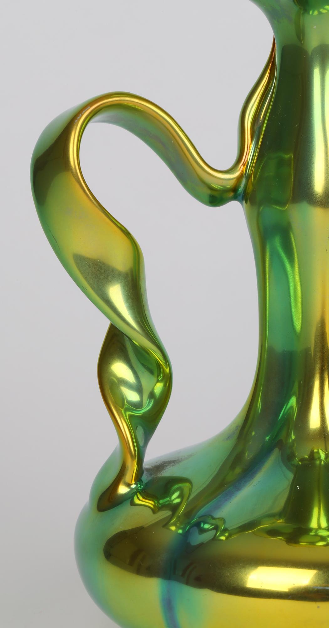 Zsolnay Pecs Art Nouveau Eosin Metallic Lustre Glazed Ribbon Handled Vase 4