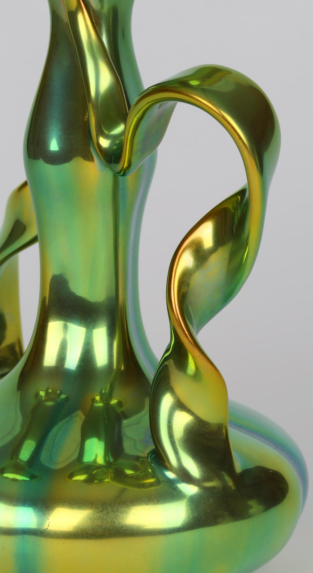 Zsolnay Pecs Art Nouveau Eosin Metallic Lustre Glazed Ribbon Handled Vase 9