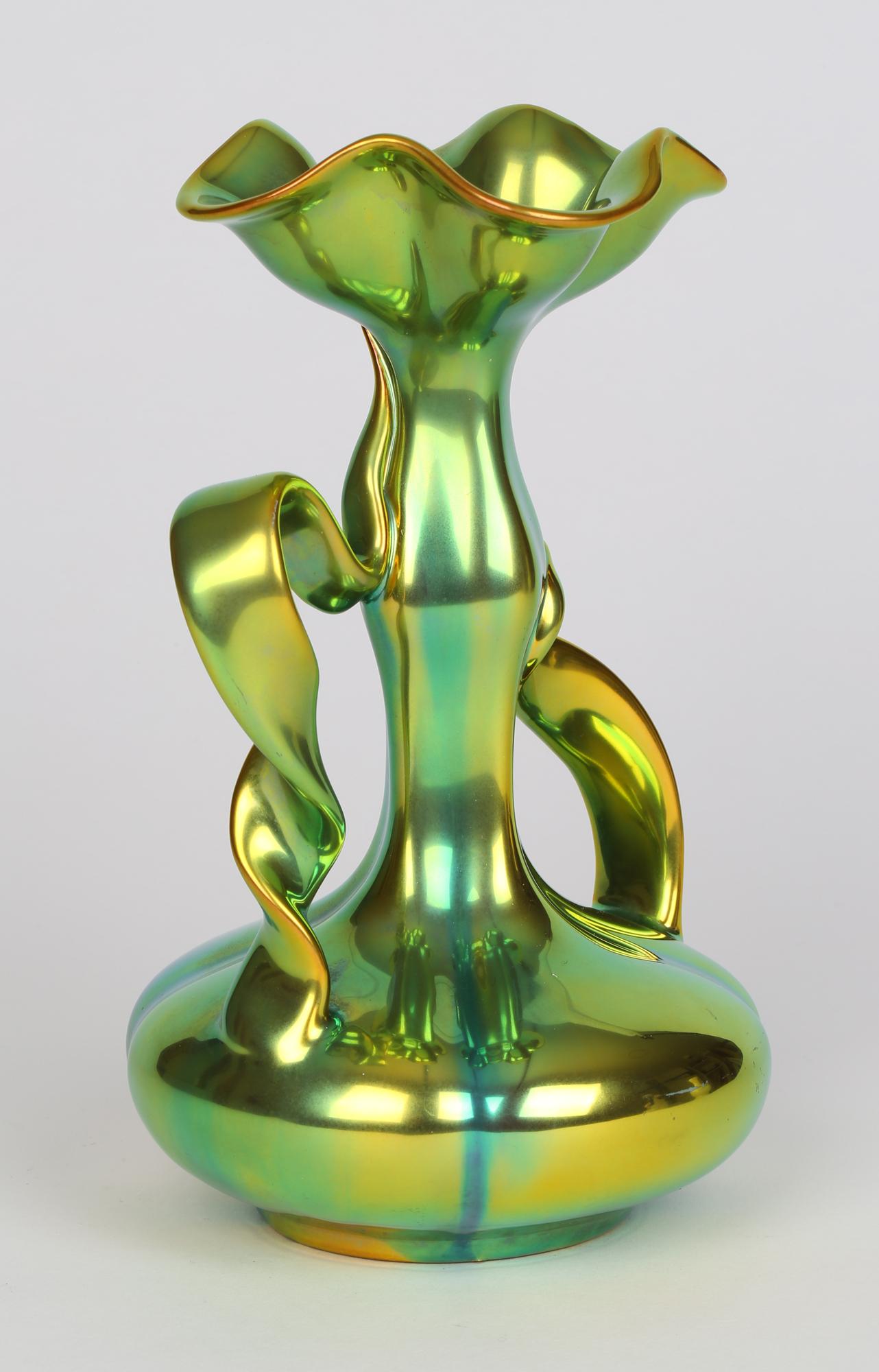 Zsolnay Pecs Art Nouveau Eosin Metallic Lustre Glazed Ribbon Handled Vase 10