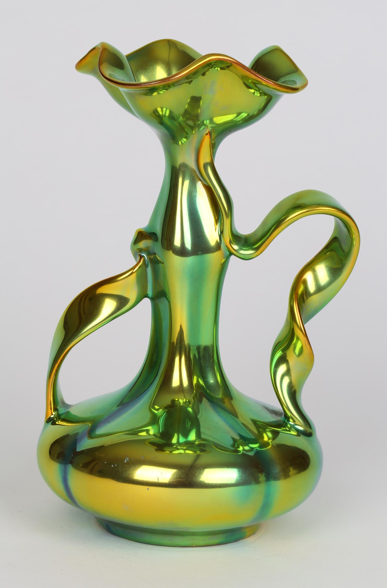 Zsolnay Pecs Art Nouveau Eosin Metallic Lustre Glazed Ribbon Handled Vase 13