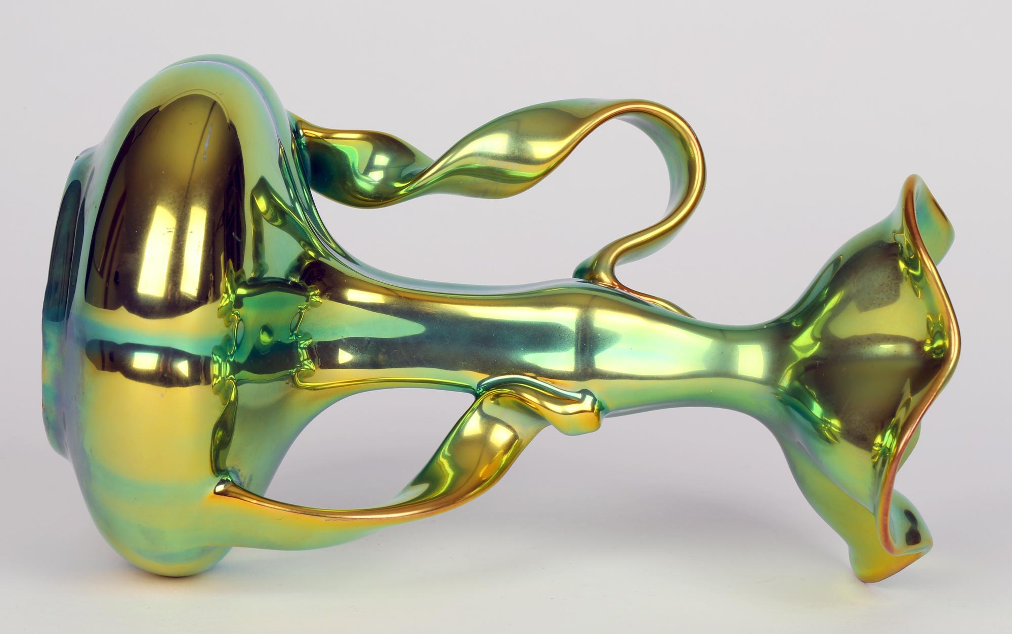 Hungarian Zsolnay Pecs Art Nouveau Eosin Metallic Lustre Glazed Ribbon Handled Vase
