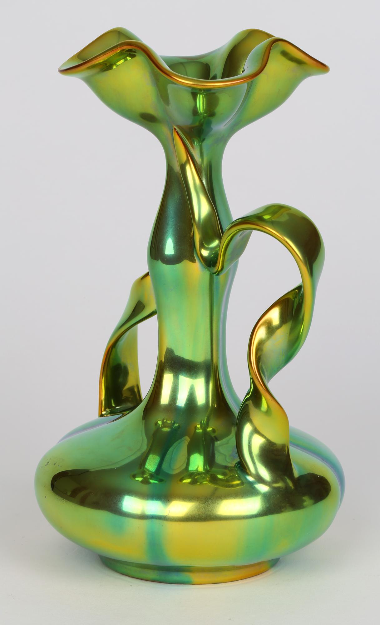 Zsolnay Pecs Art Nouveau Eosin Metallic Lustre Glazed Ribbon Handled Vase In Good Condition In Bishop's Stortford, Hertfordshire