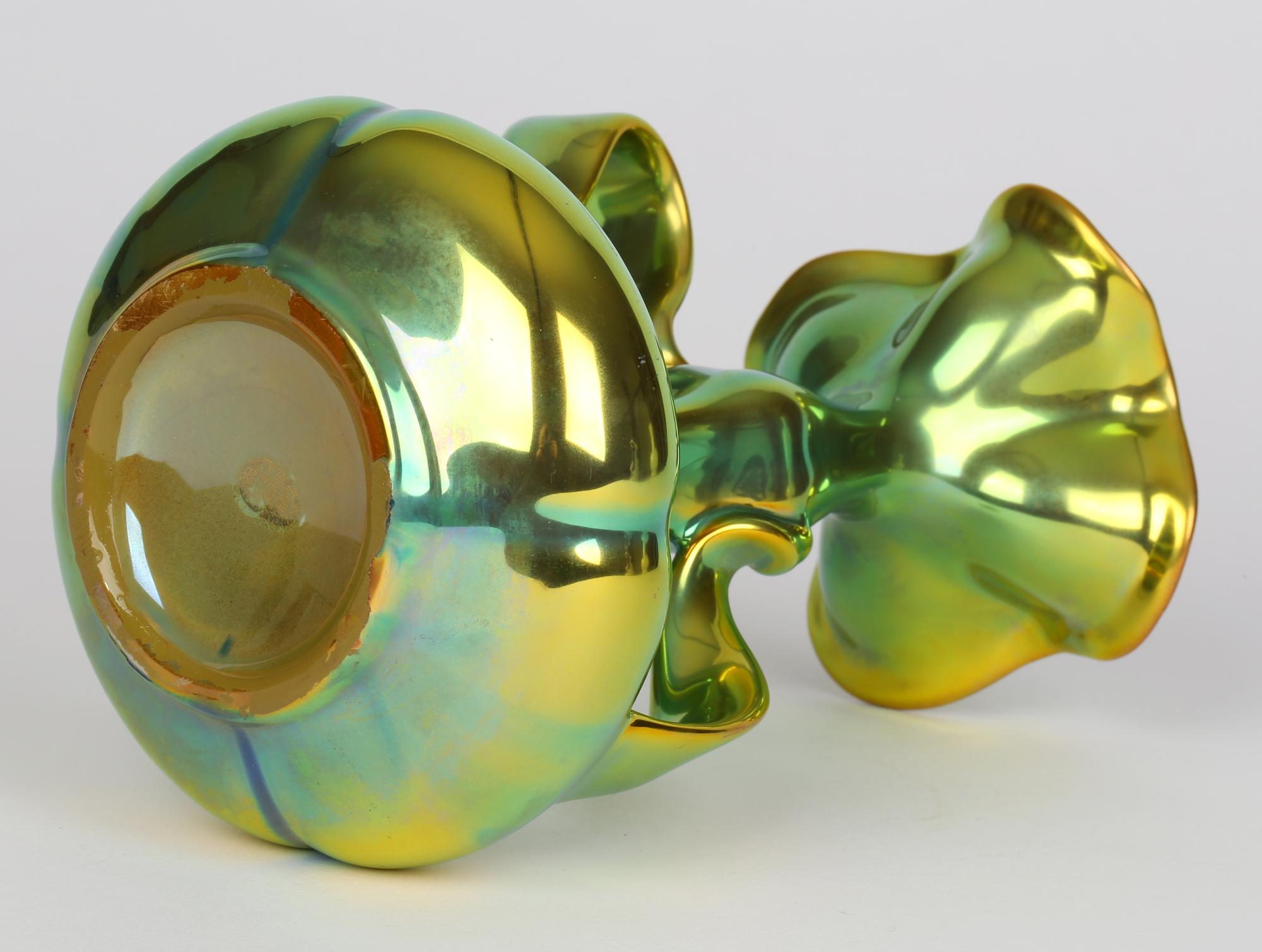 Early 20th Century Zsolnay Pecs Art Nouveau Eosin Metallic Lustre Glazed Ribbon Handled Vase