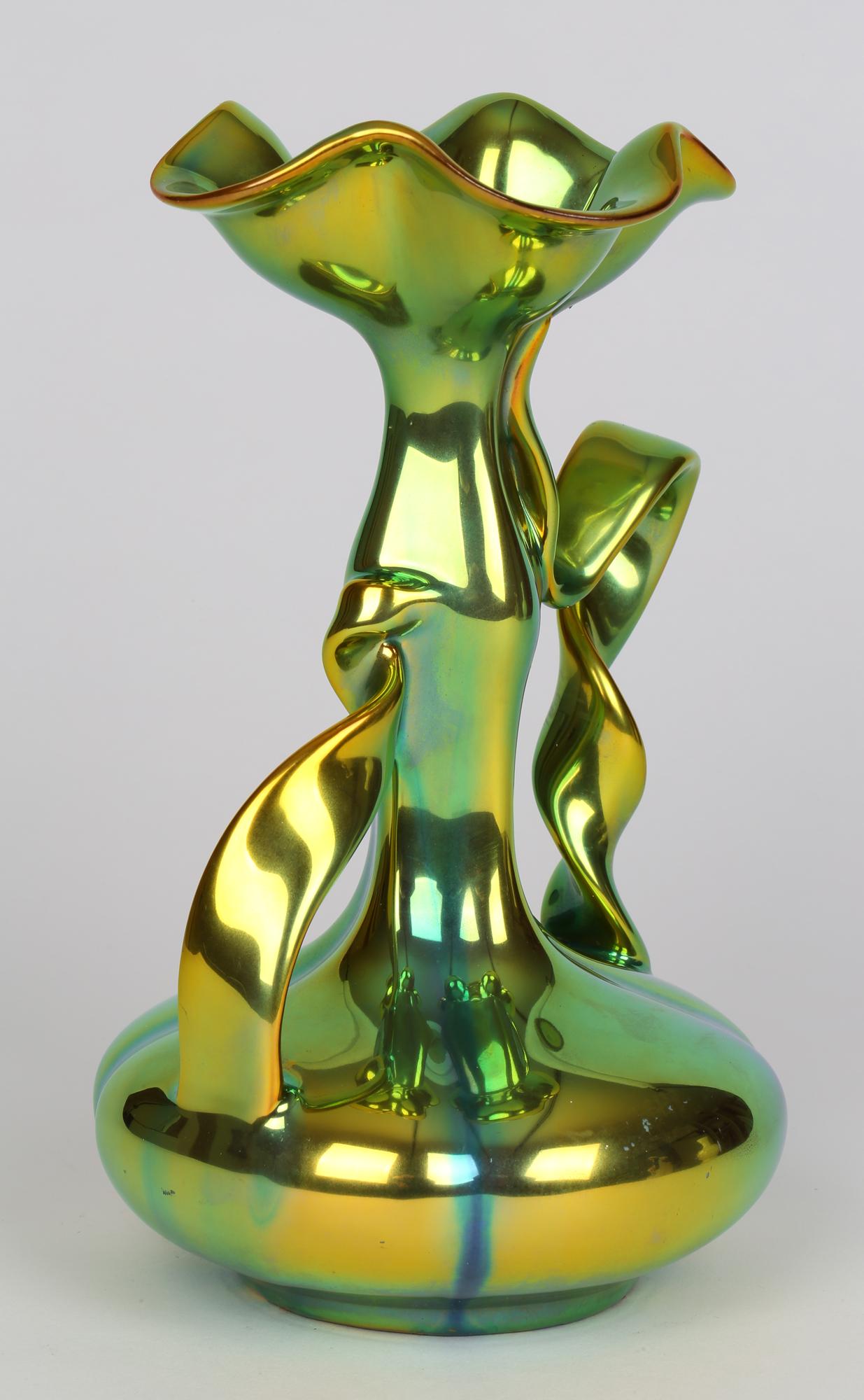 Ceramic Zsolnay Pecs Art Nouveau Eosin Metallic Lustre Glazed Ribbon Handled Vase