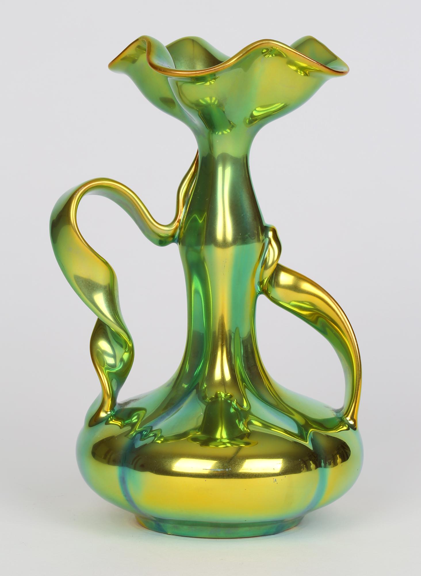 Zsolnay Pecs Art Nouveau Eosin Metallic Lustre Glazed Ribbon Handled Vase 3
