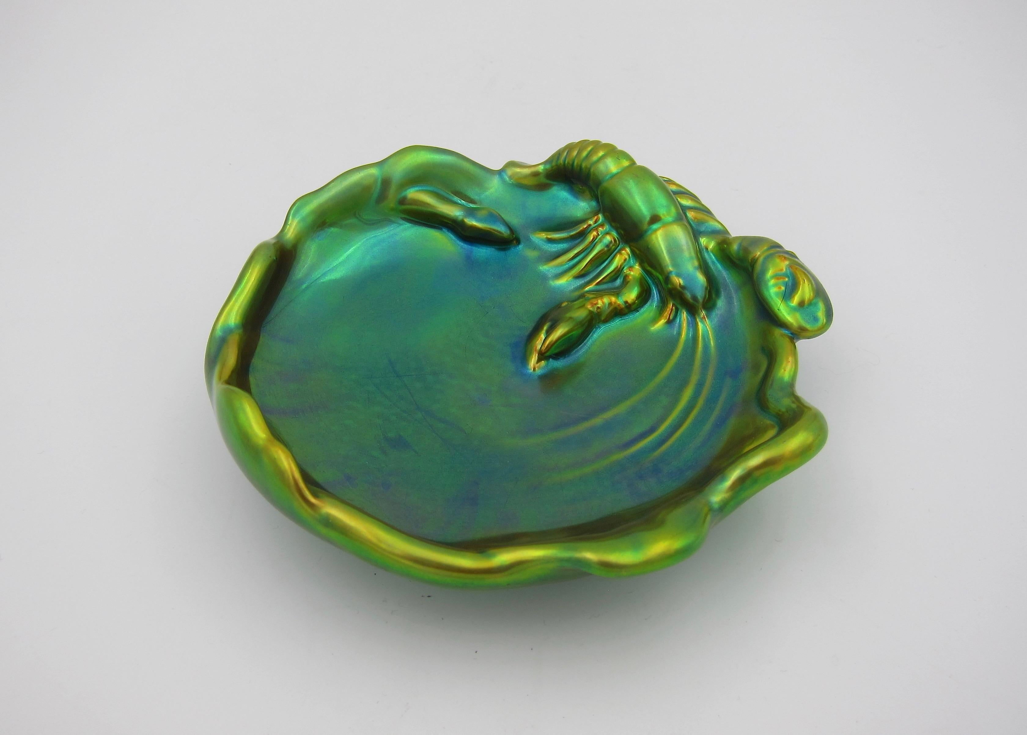 Art Nouveau Zsolnay Pecs Crayfish and Snake Card Tray with Metallic Eosin Glaze