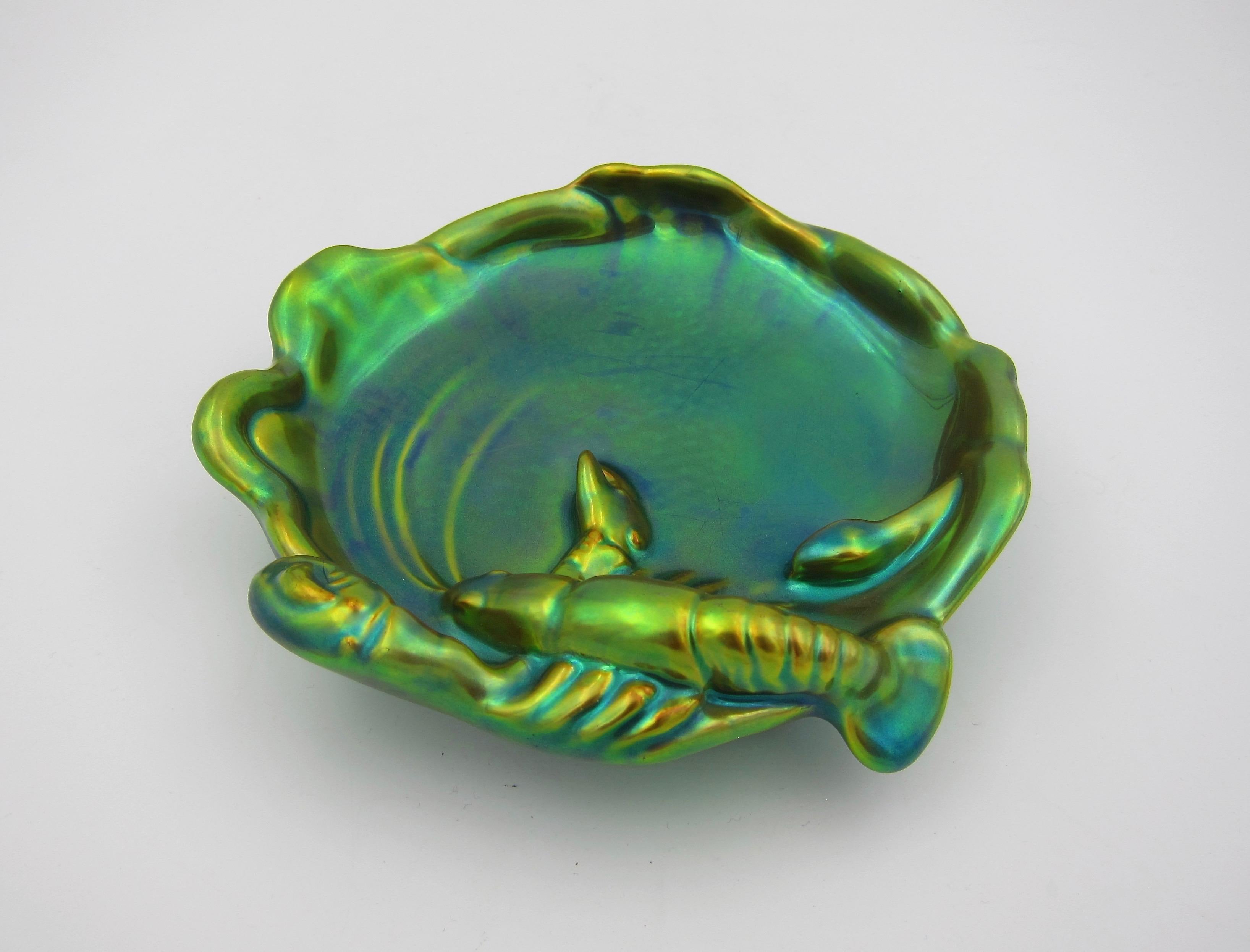 Zsolnay Pecs Crayfish and Snake Card Tray with Metallic Eosin Glaze In Good Condition In Los Angeles, CA