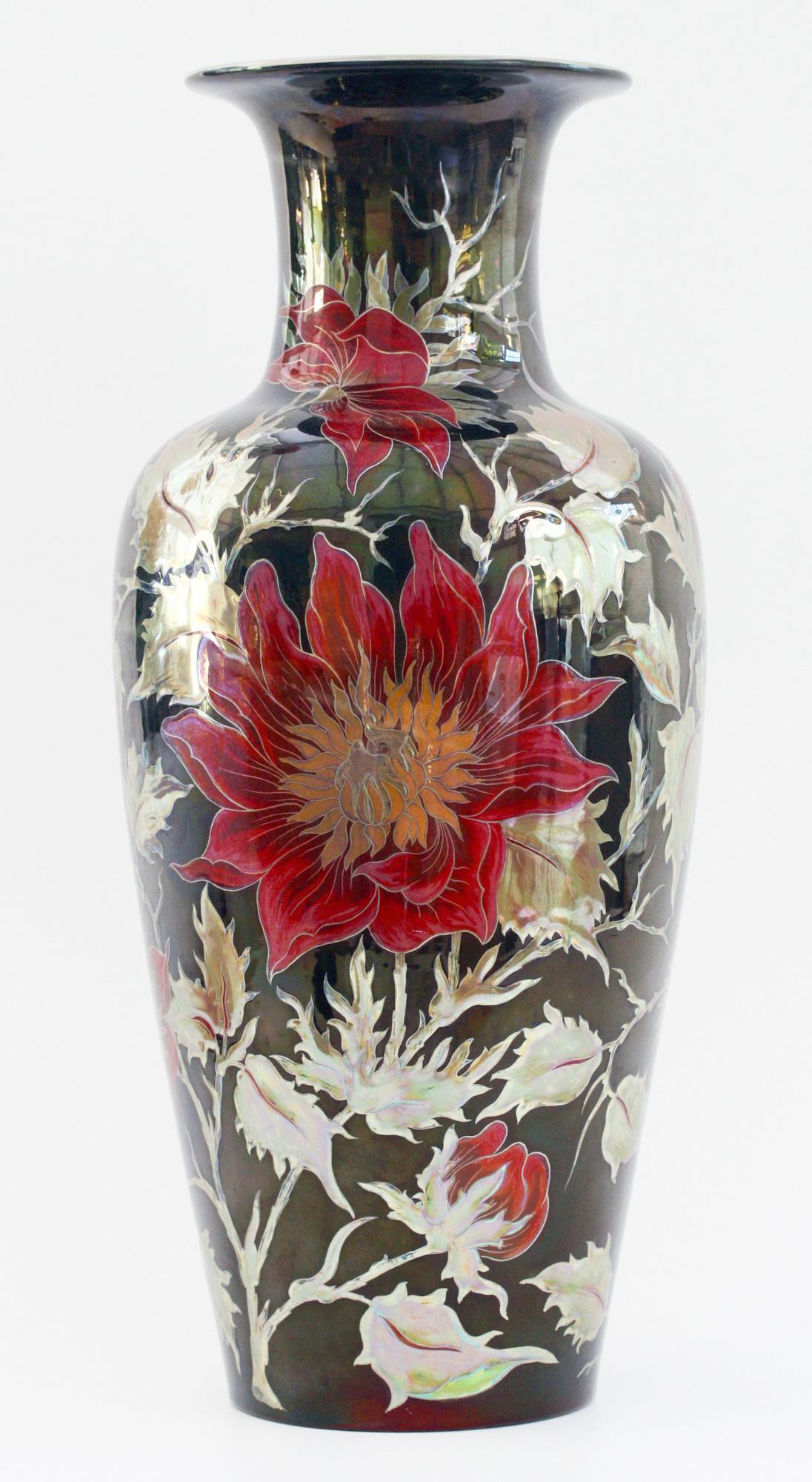 Ceramic Zsolnay Pecs Exceptional Eosin Glazed Floral Painted Vase by M Sperczel