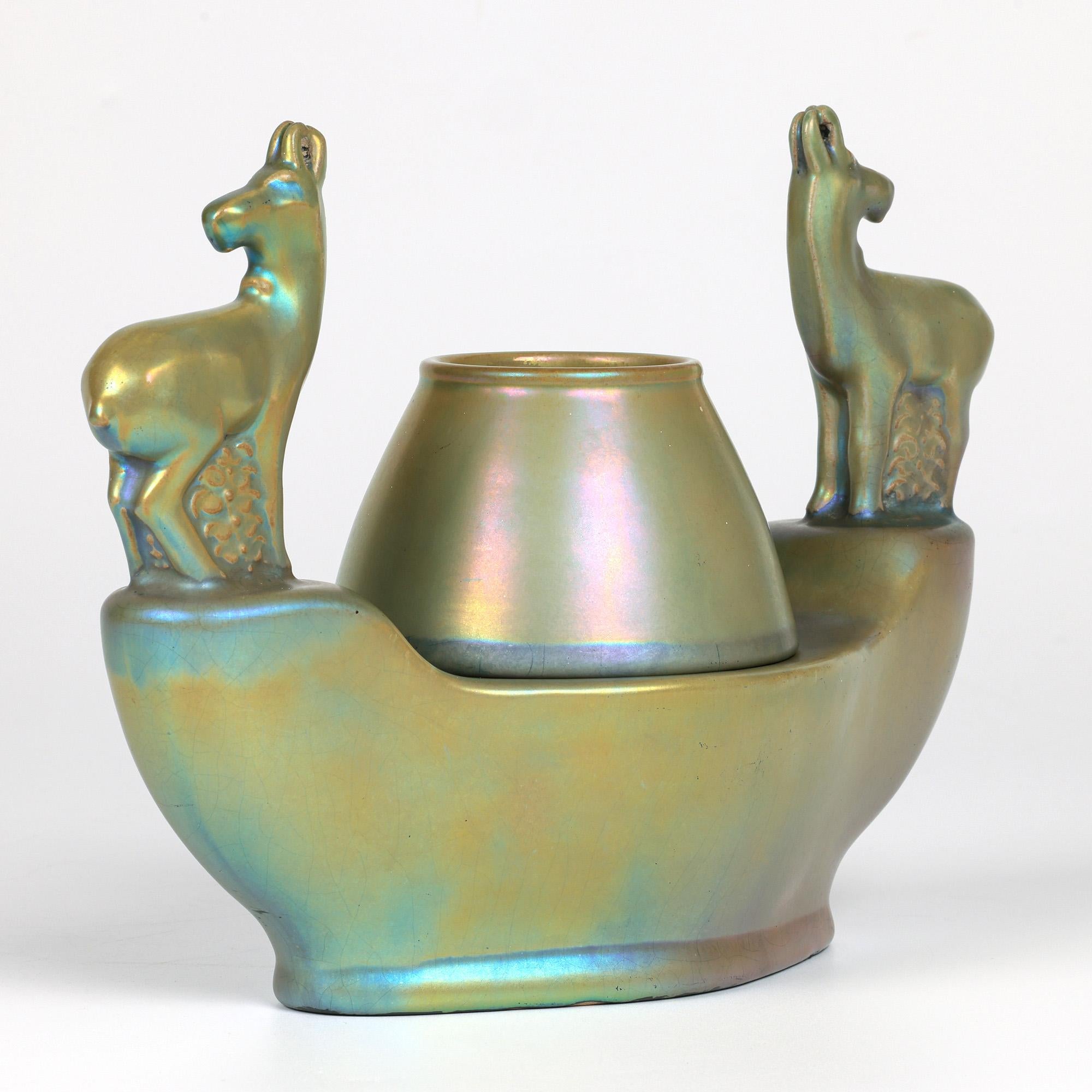Zsolnay Pecs Green Eosin Iridescent Glazed Deer Mounted Desk Stand For Sale 3