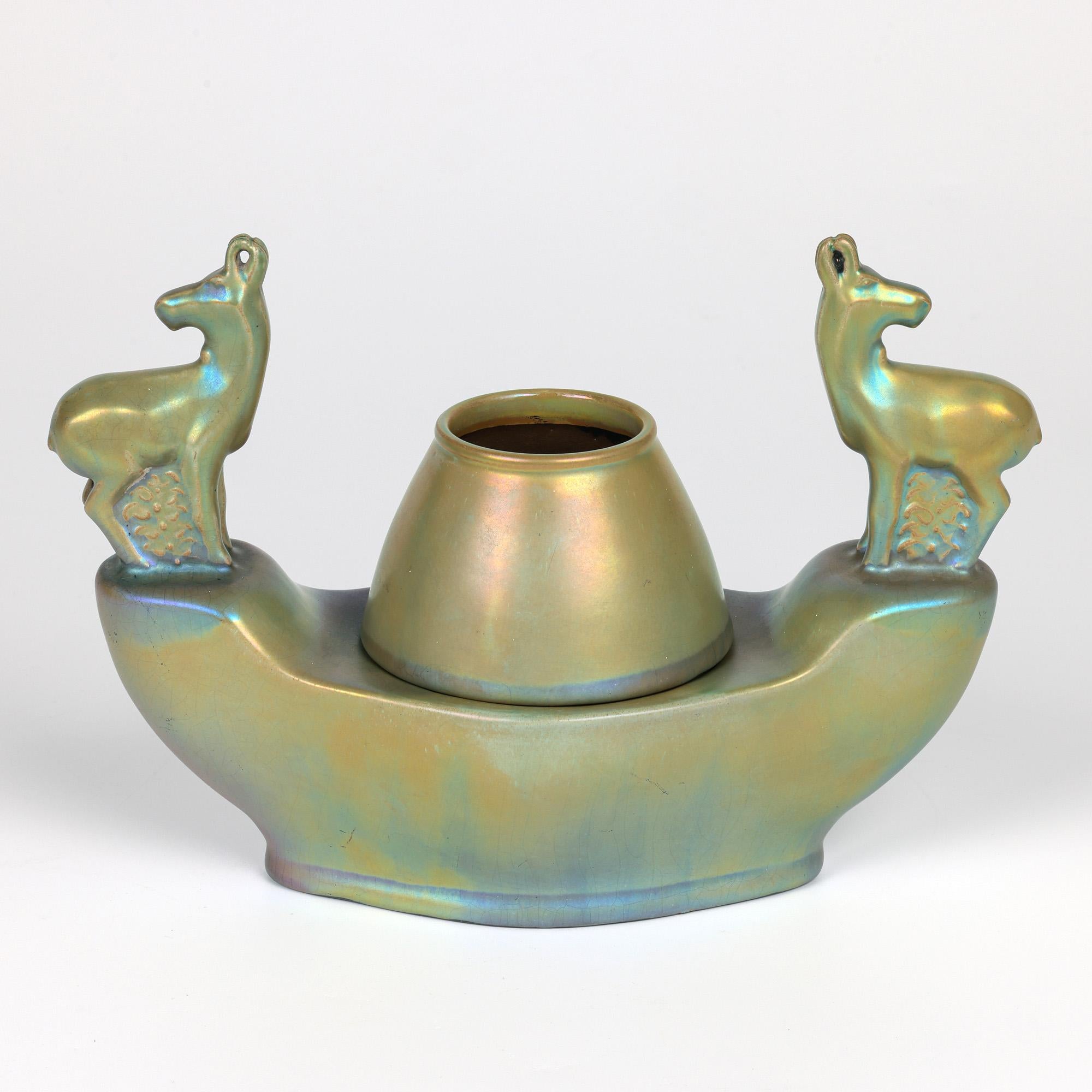 Zsolnay Pecs Green Eosin Iridescent Glazed Deer Mounted Desk Stand For Sale 7