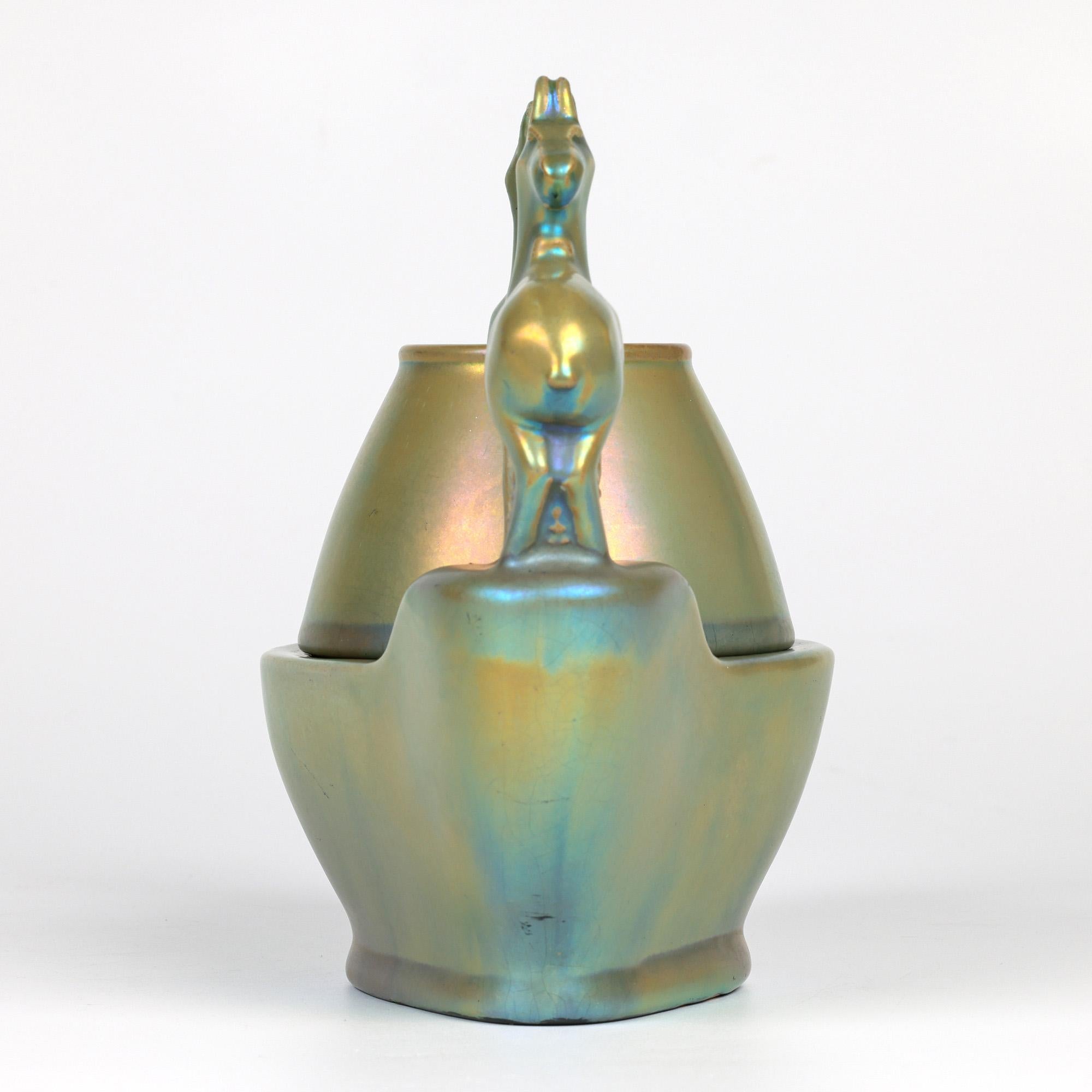Art Nouveau Zsolnay Pecs Green Eosin Iridescent Glazed Deer Mounted Desk Stand For Sale