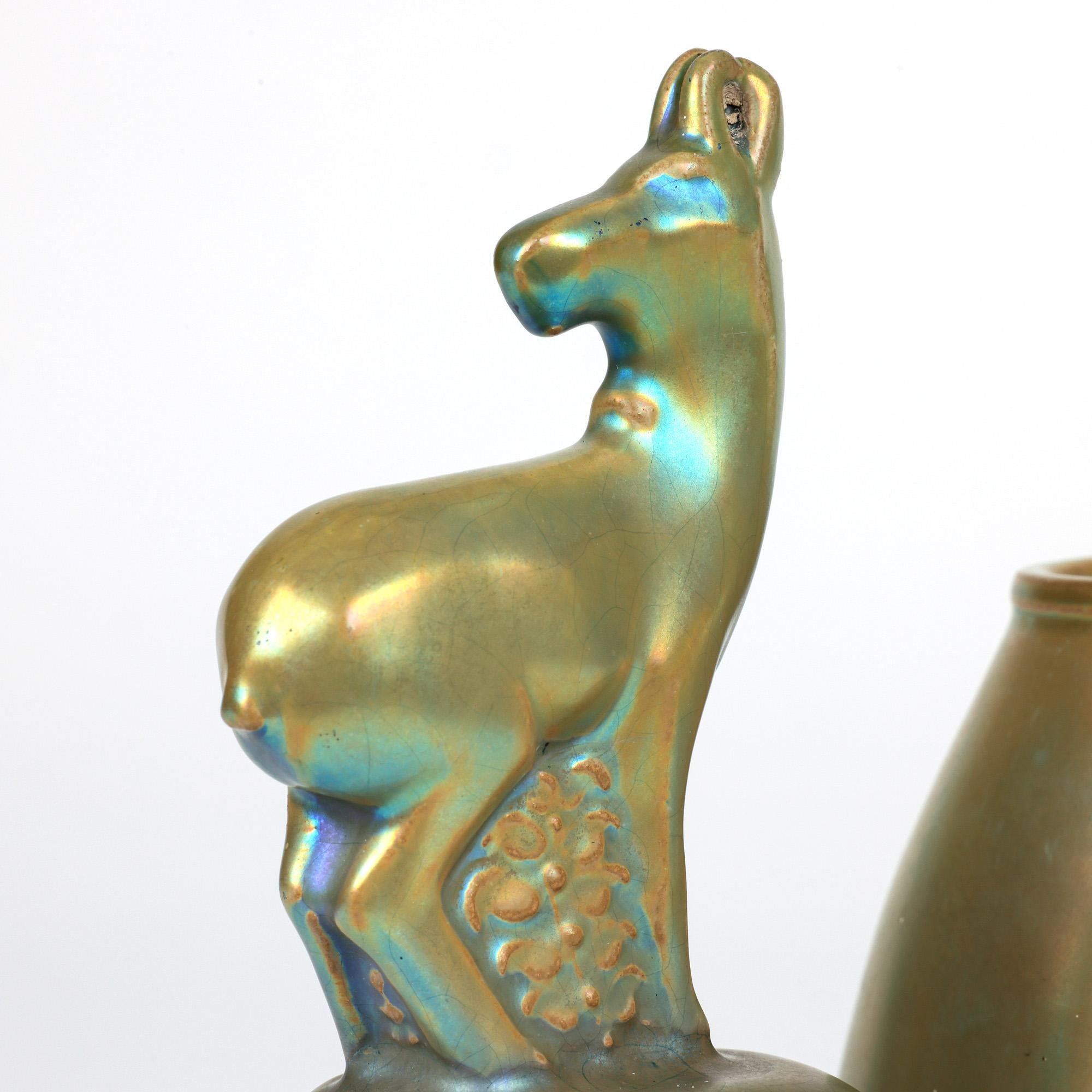 Zsolnay Pecs Green Eosin Iridescent Glazed Deer Mounted Desk Stand In Good Condition For Sale In Bishop's Stortford, Hertfordshire