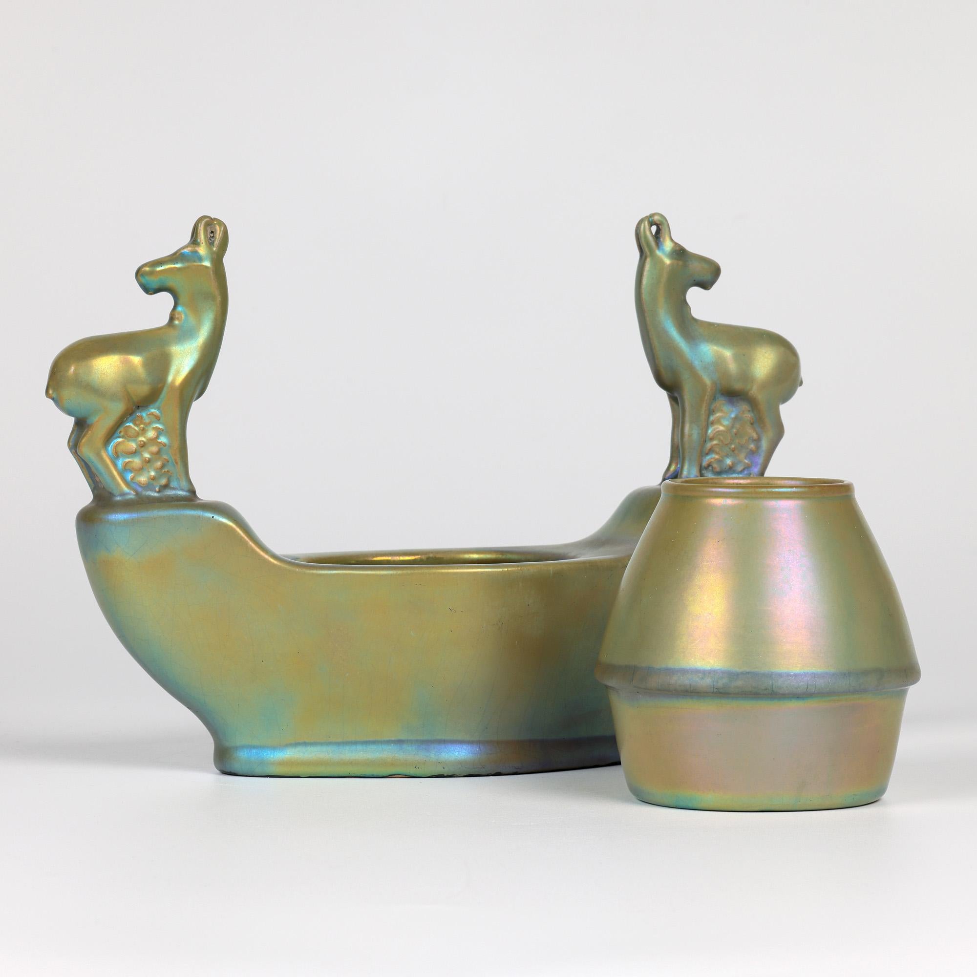 Early 20th Century Zsolnay Pecs Green Eosin Iridescent Glazed Deer Mounted Desk Stand For Sale