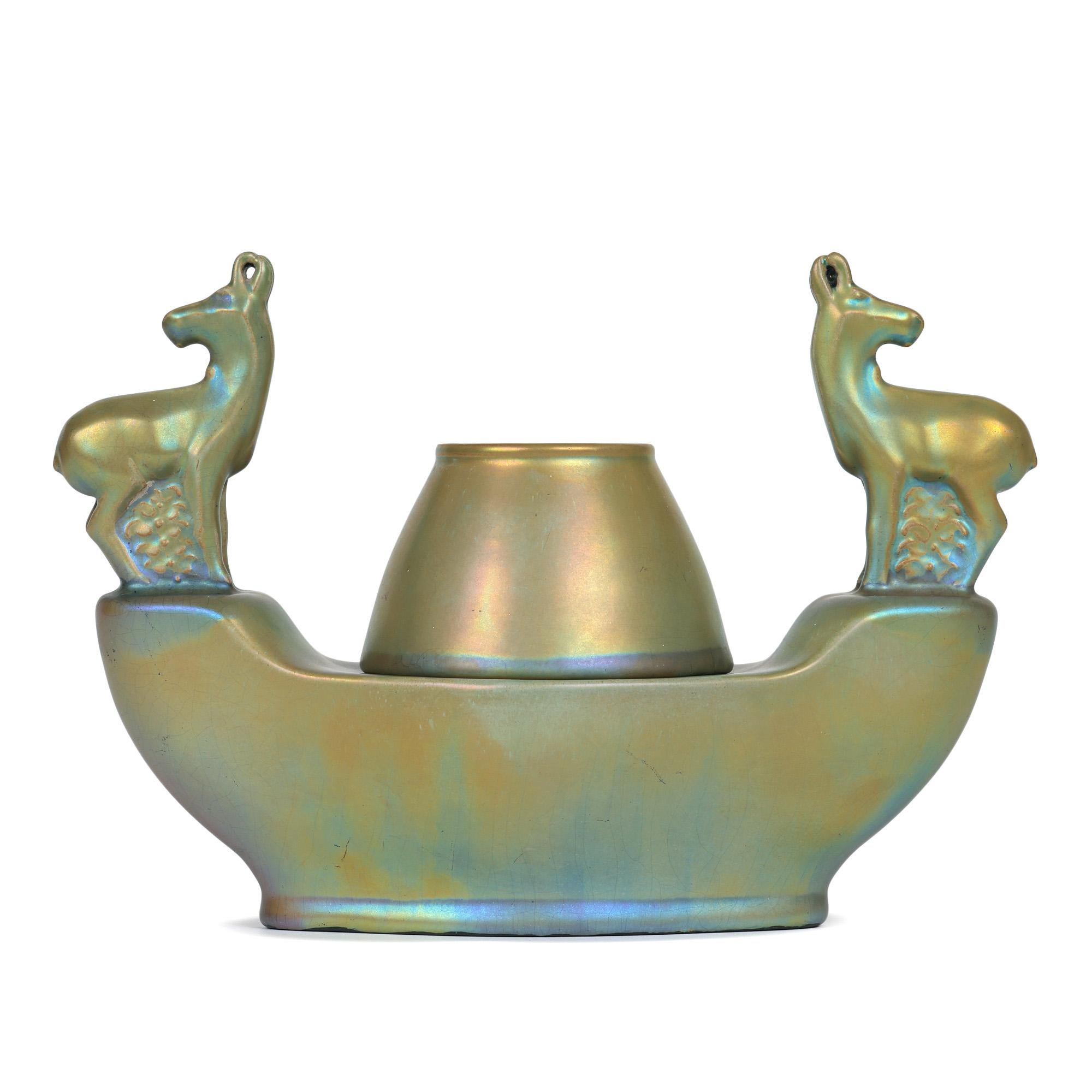Zsolnay Pecs Green Eosin Iridescent Glazed Deer Mounted Desk Stand For Sale 1