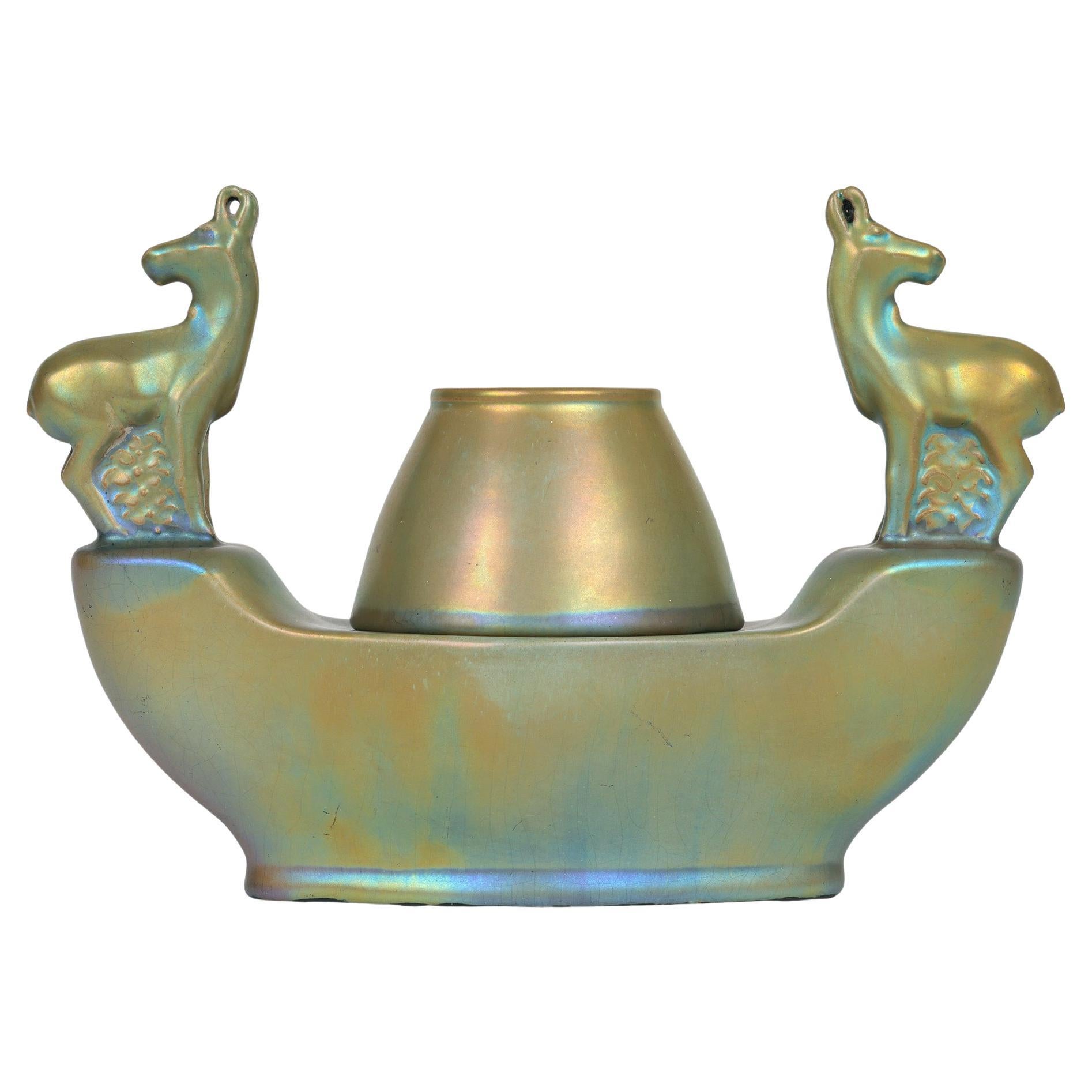 Zsolnay Pecs Green Eosin Iridescent Glazed Deer Mounted Desk Stand For Sale