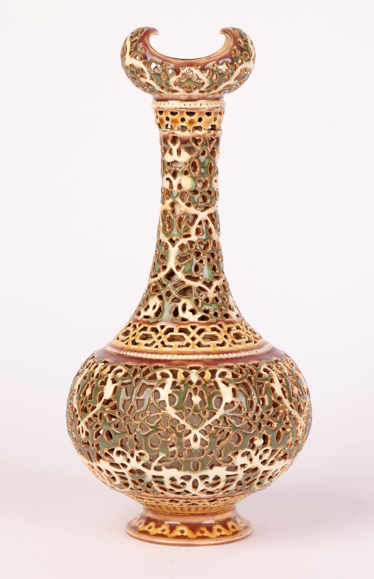Zsolnay Pecs Hungarian Islamic Influence Pierced Pattern Vase In Good Condition In Bishop's Stortford, Hertfordshire