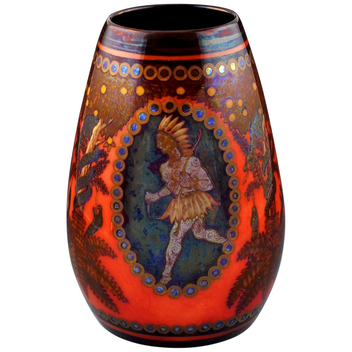 Zsolnay Pecs Raised Mark Art Pottery Eosin Glaze Vase with American Indian