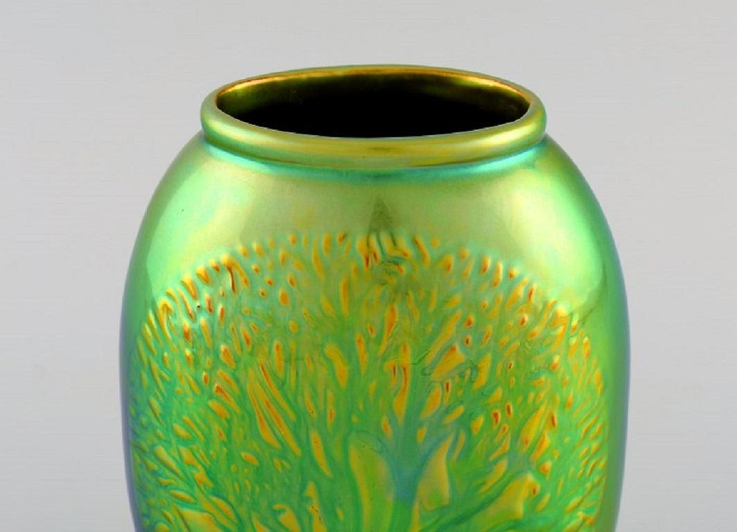 Modern Zsolnay Vase Glazed Ceramics with Tree in Relief. Beautiful Luster Glaze, 20th C For Sale