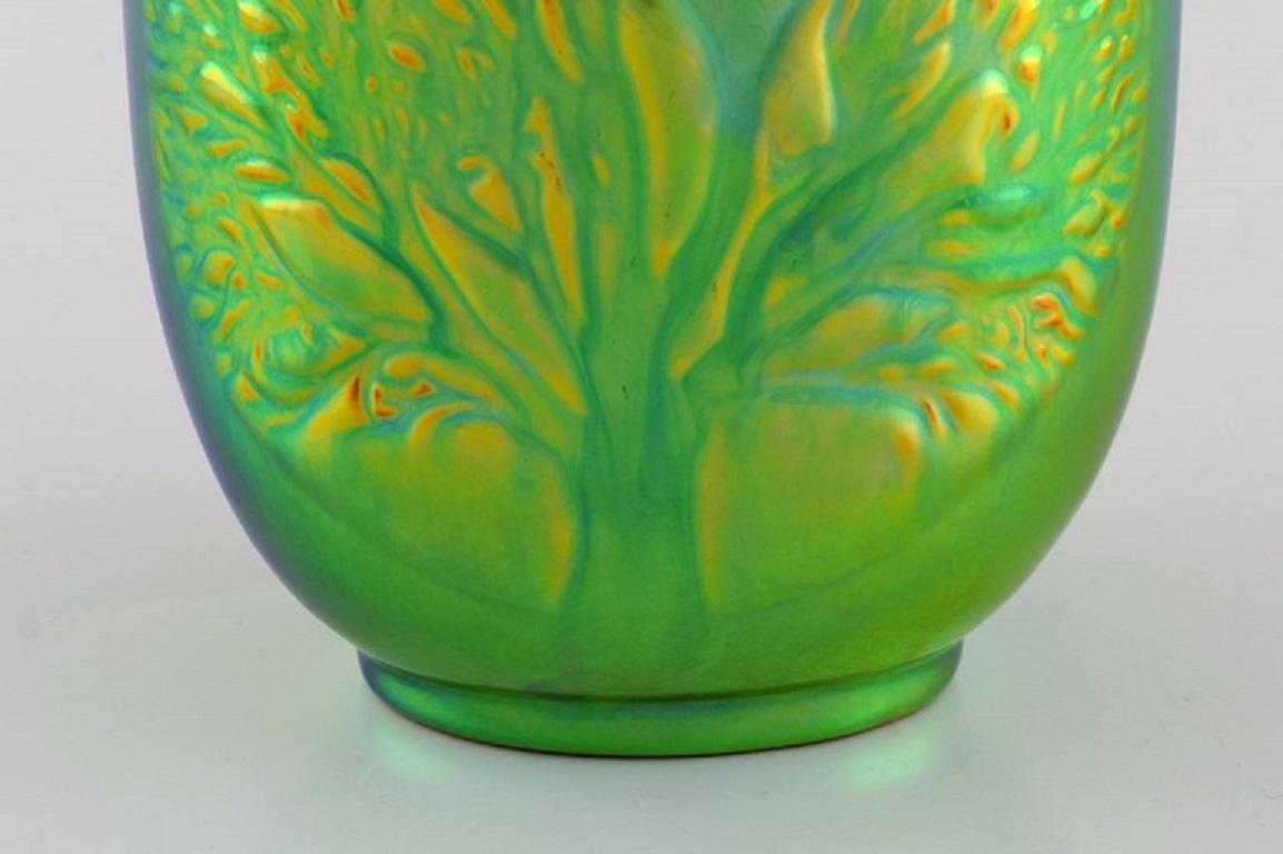 Hungarian Zsolnay Vase Glazed Ceramics with Tree in Relief. Beautiful Luster Glaze, 20th C For Sale