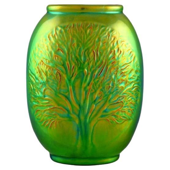 Zsolnay Vase Glazed Ceramics with Tree in Relief. Beautiful Luster Glaze, 20th C