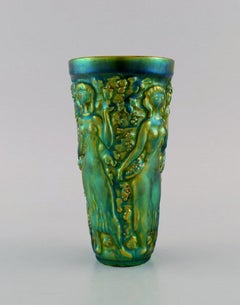 Zsolnay Vase in Glazed Ceramics Modelled with Women Picking Grapes