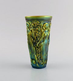 Zsolnay Vase in Glazed Ceramics Modelled with Women Picking Grapes