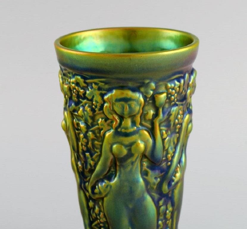 Hungarian Zsolnay Vase in Glazed Ceramics Modelled with Women Picking Grapes For Sale