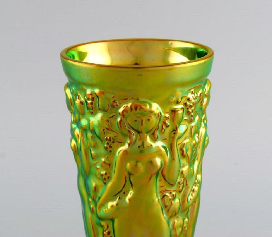Hungarian Zsolnay Vase in Glazed Ceramics Modelled with Women Picking Grapes For Sale