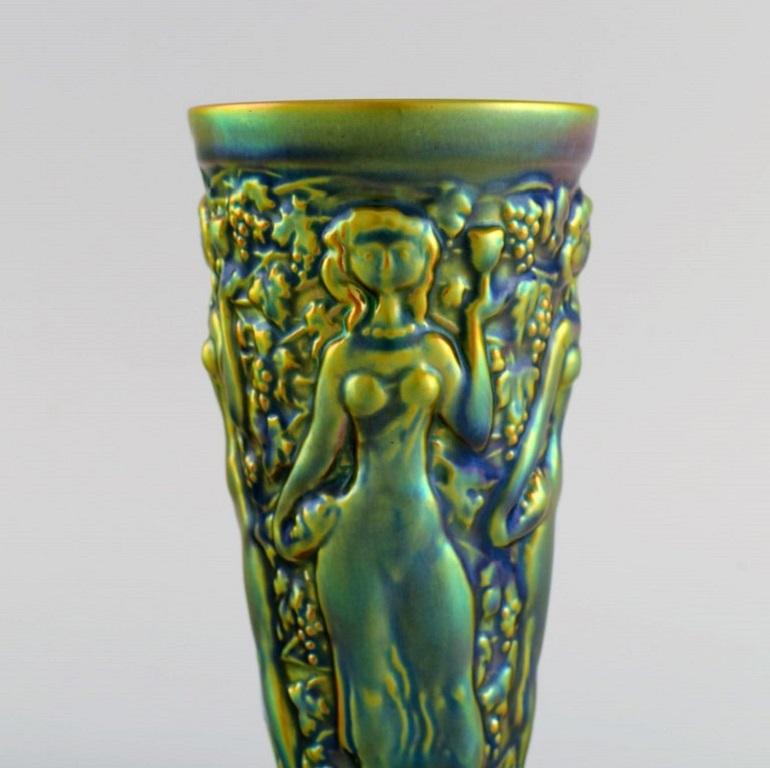 Zsolnay Vase in Glazed Ceramics Modelled with Women Picking Grapes In Excellent Condition For Sale In Copenhagen, DK