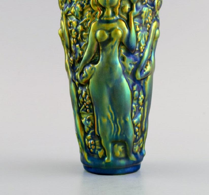 20th Century Zsolnay Vase in Glazed Ceramics Modelled with Women Picking Grapes For Sale