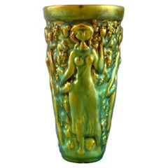 Zsolnay Vase in Glazed Ceramics Modelled with Women Picking Grapes