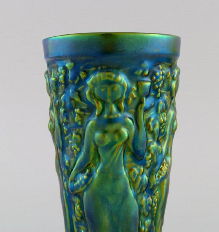 Hungarian Zsolnay Vase in Glazed Ceramics with Women Picking Grapes, Mid-20th C For Sale