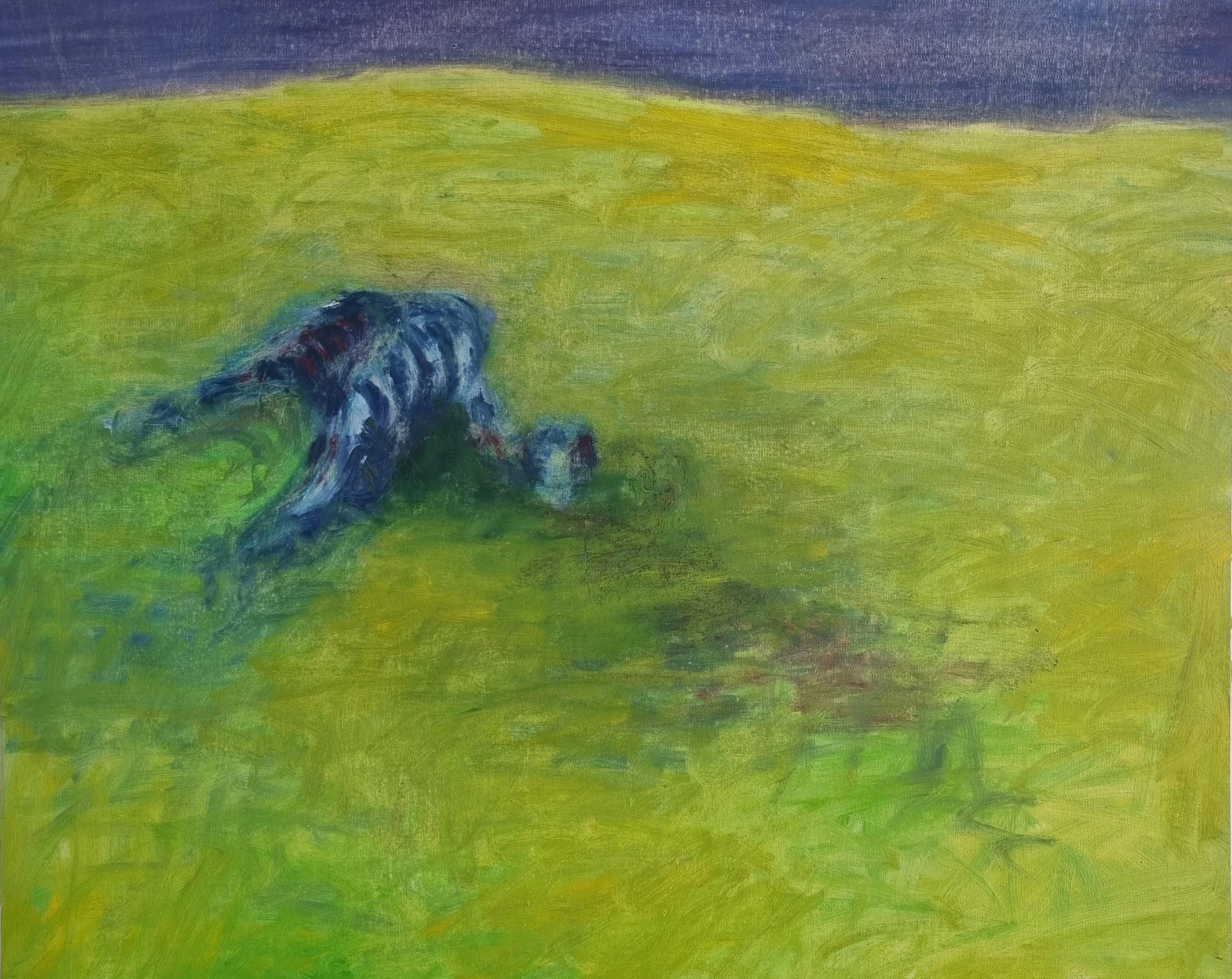Body in the Field 1 - 21st Century, Landscape, Green, Blue, Painting For Sale 3