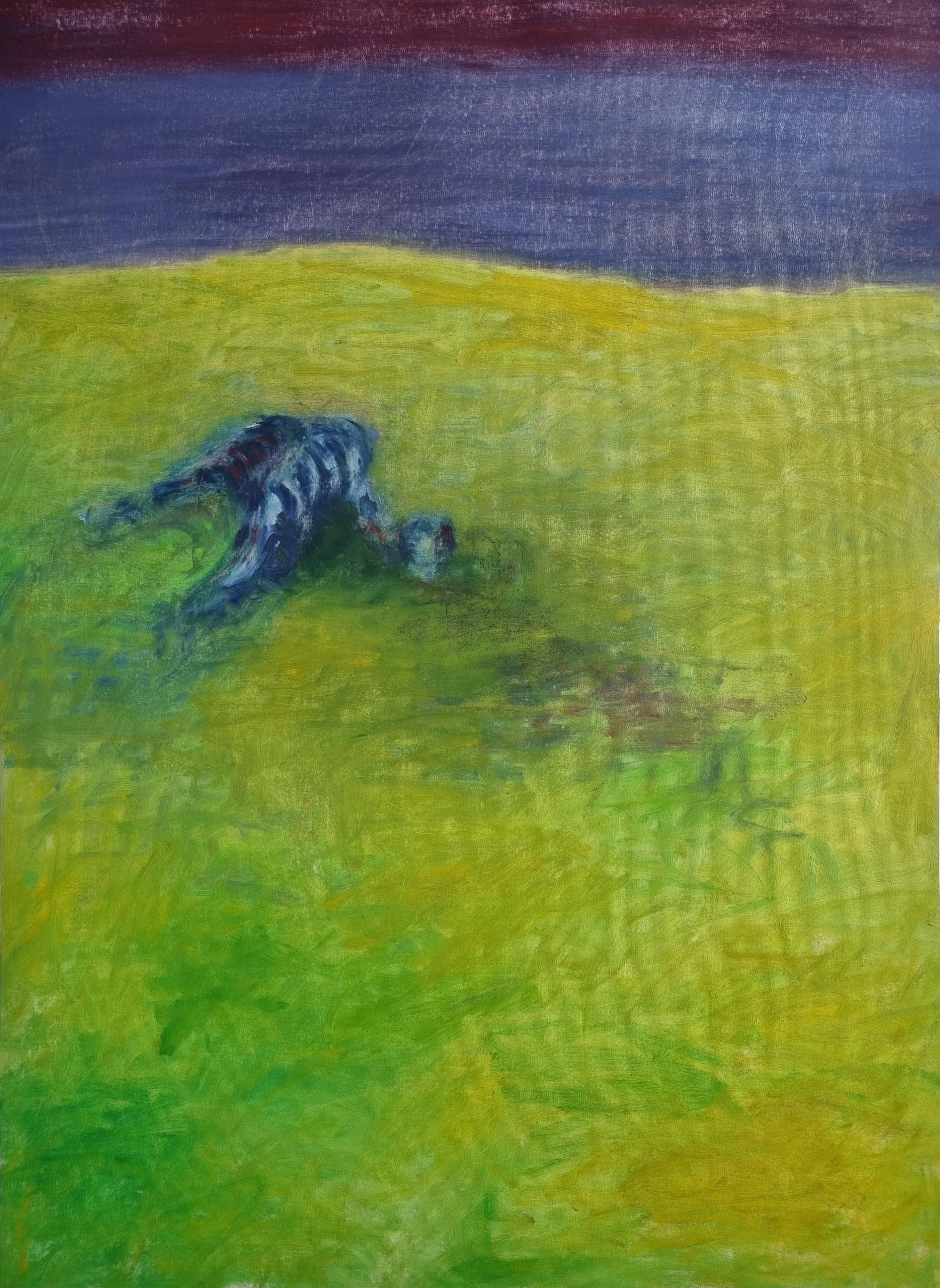 Zsolt Berszán Figurative Painting - Body in the Field 1 - 21st Century, Landscape, Green, Blue, Painting