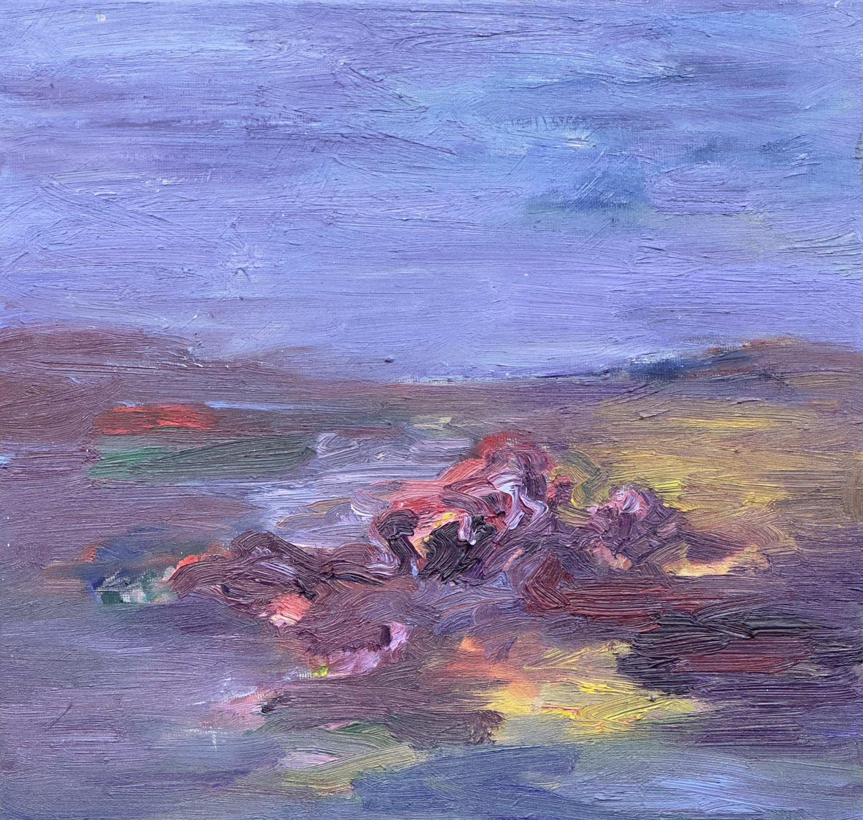 Corpo in campo #1 - 21° secolo, pittura di paesaggio, blu, giallo, velluto - Painting di Zsolt Berszán