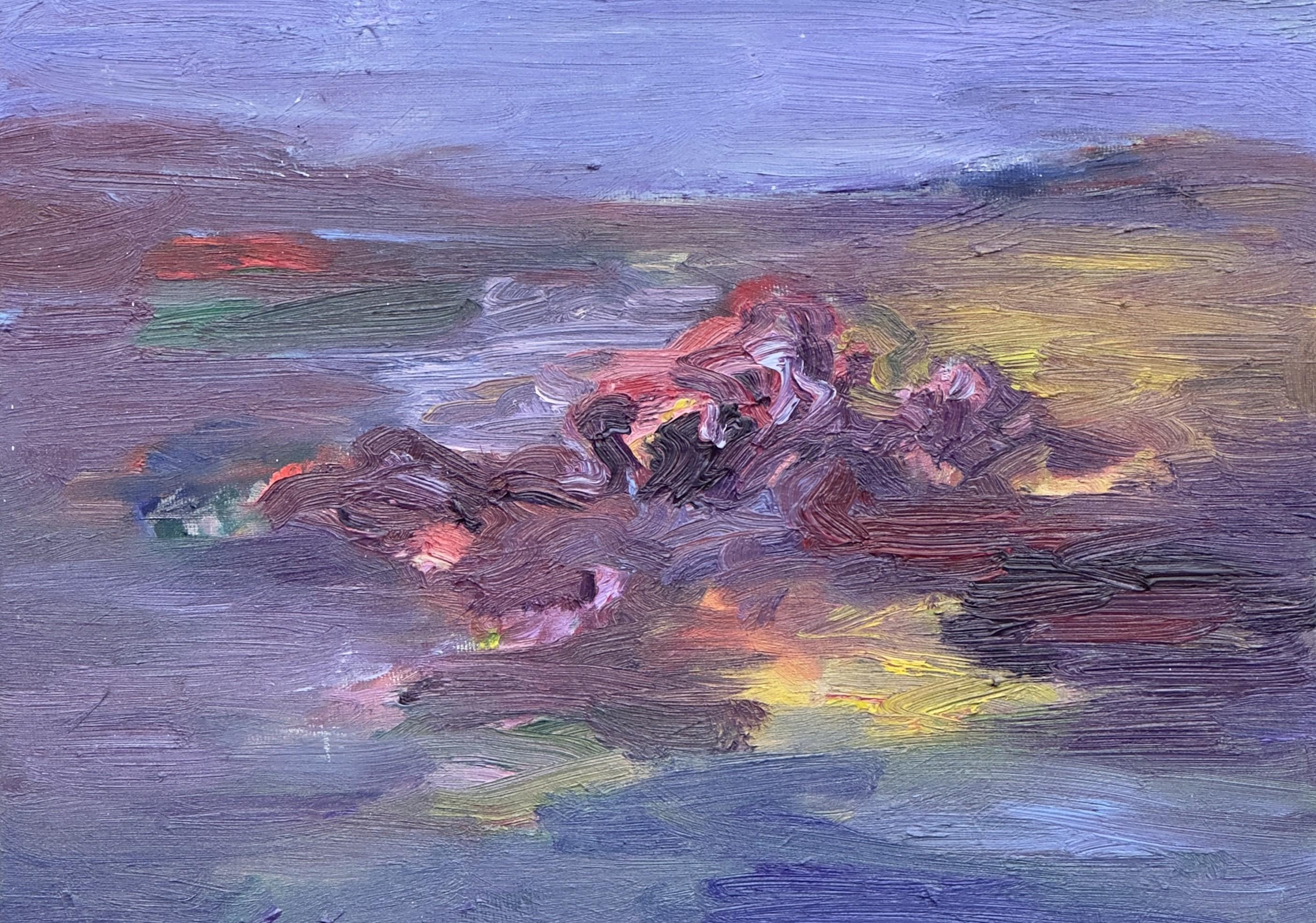Corpo in campo #1 - 21° secolo, pittura di paesaggio, blu, giallo, velluto - Figurative Painting Viola di Zsolt Berszán