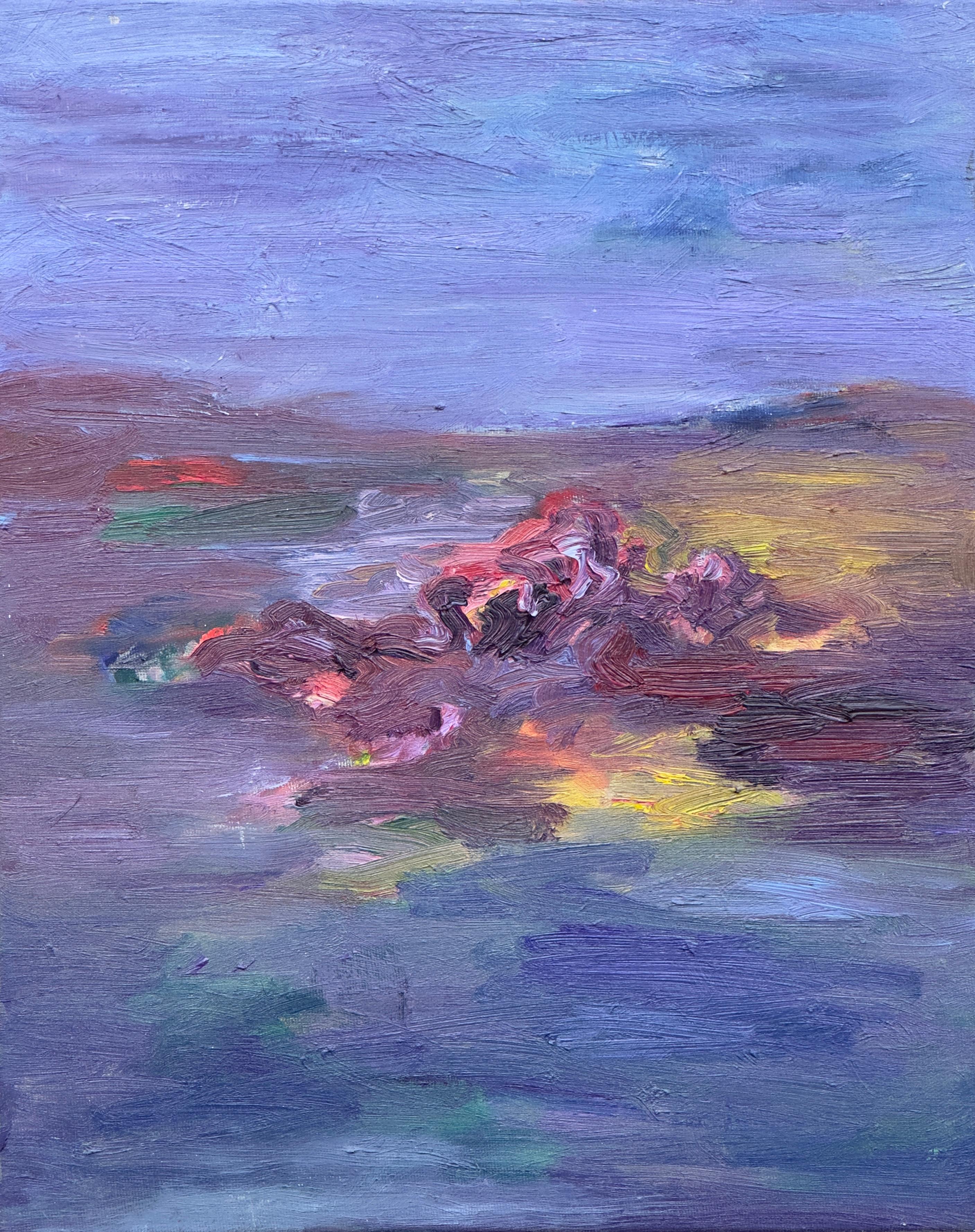 Figurative Painting di Zsolt Berszán - Corpo in campo #1 - 21° secolo, pittura di paesaggio, blu, giallo, velluto
