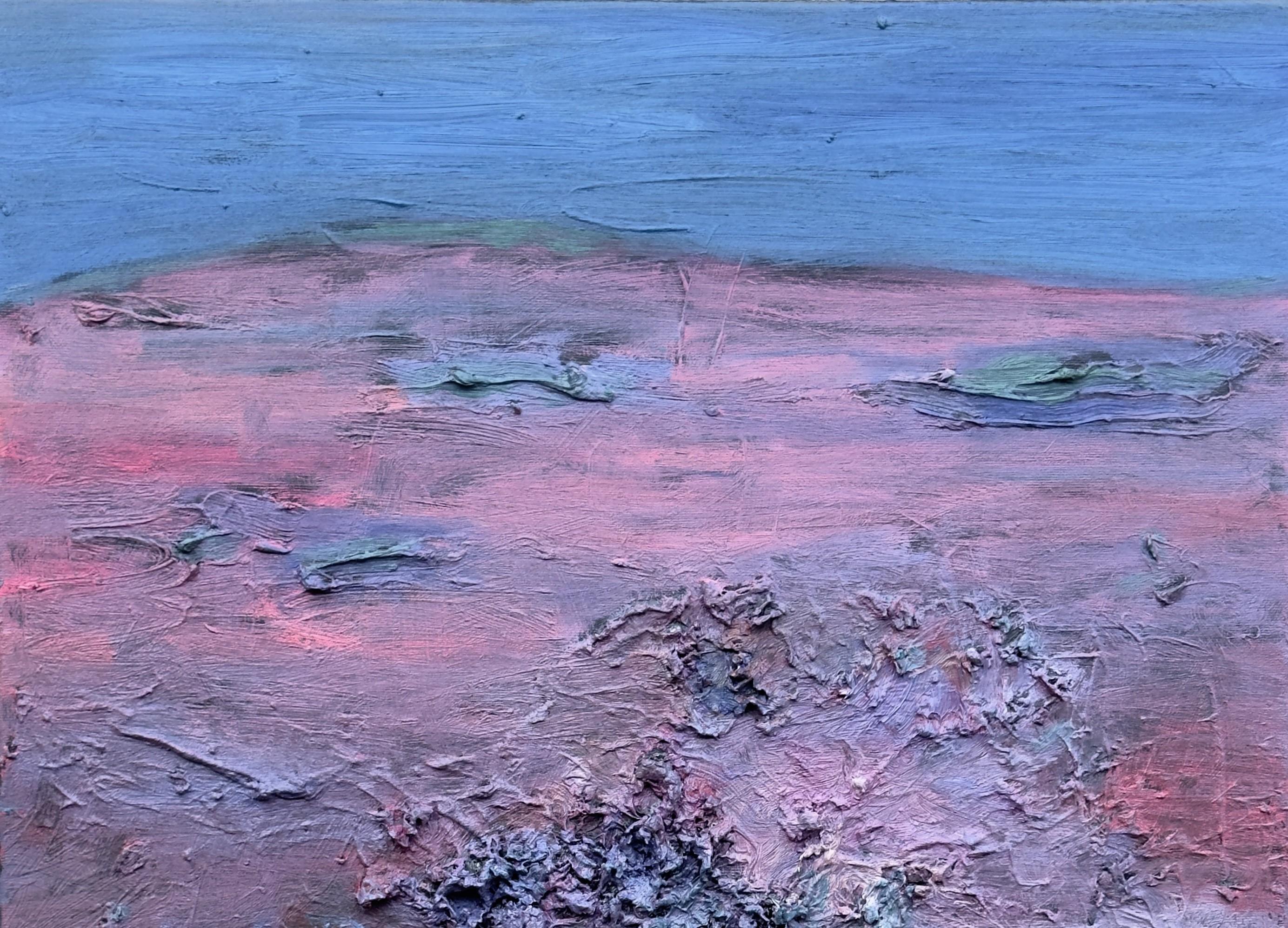 Body in the Field #1 - Abstract painting, landscape, blue, pink - Painting by Zsolt Berszán