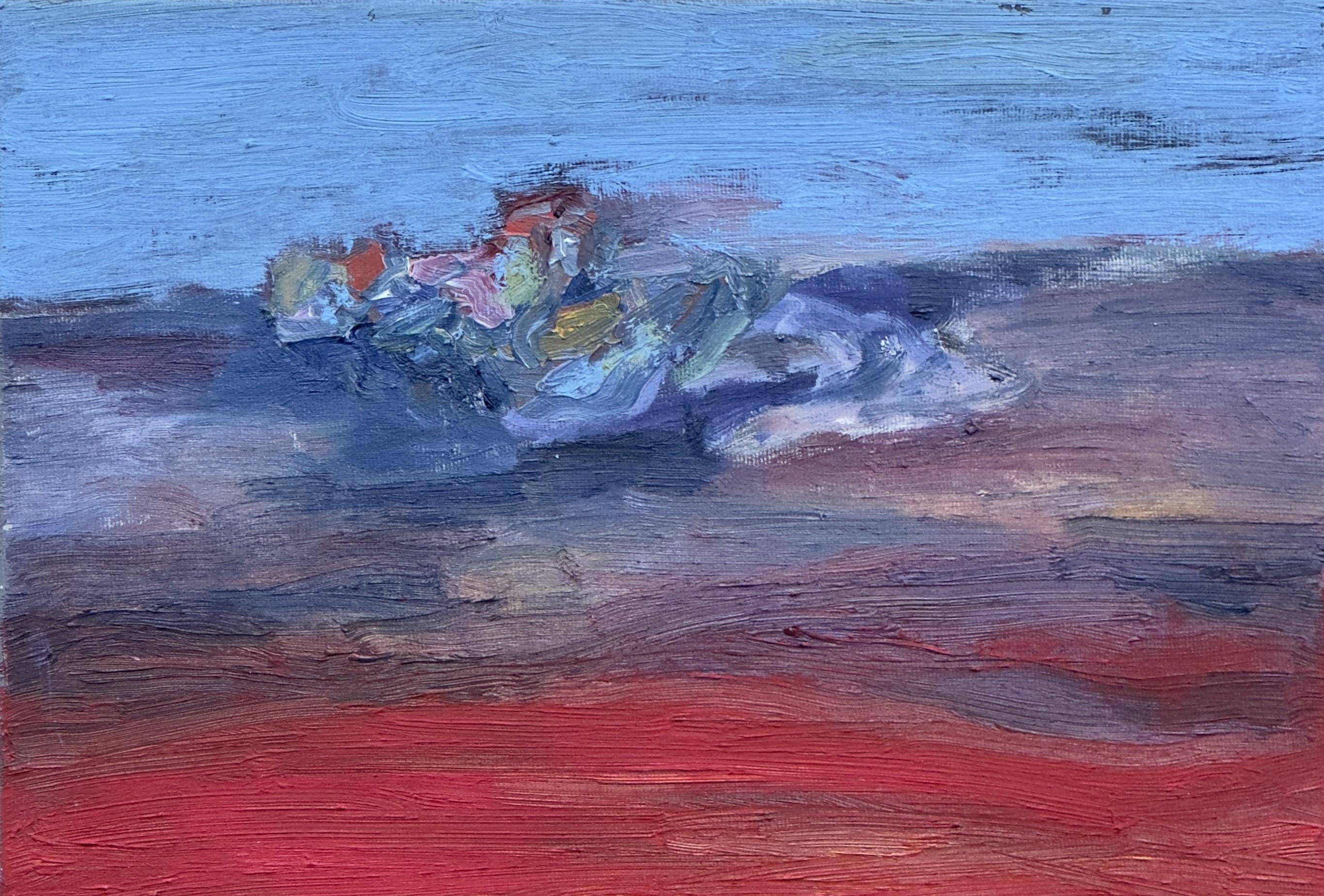 Body in the Field #1 - Body, blue, red, landscape, painting - Painting by Zsolt Berszán