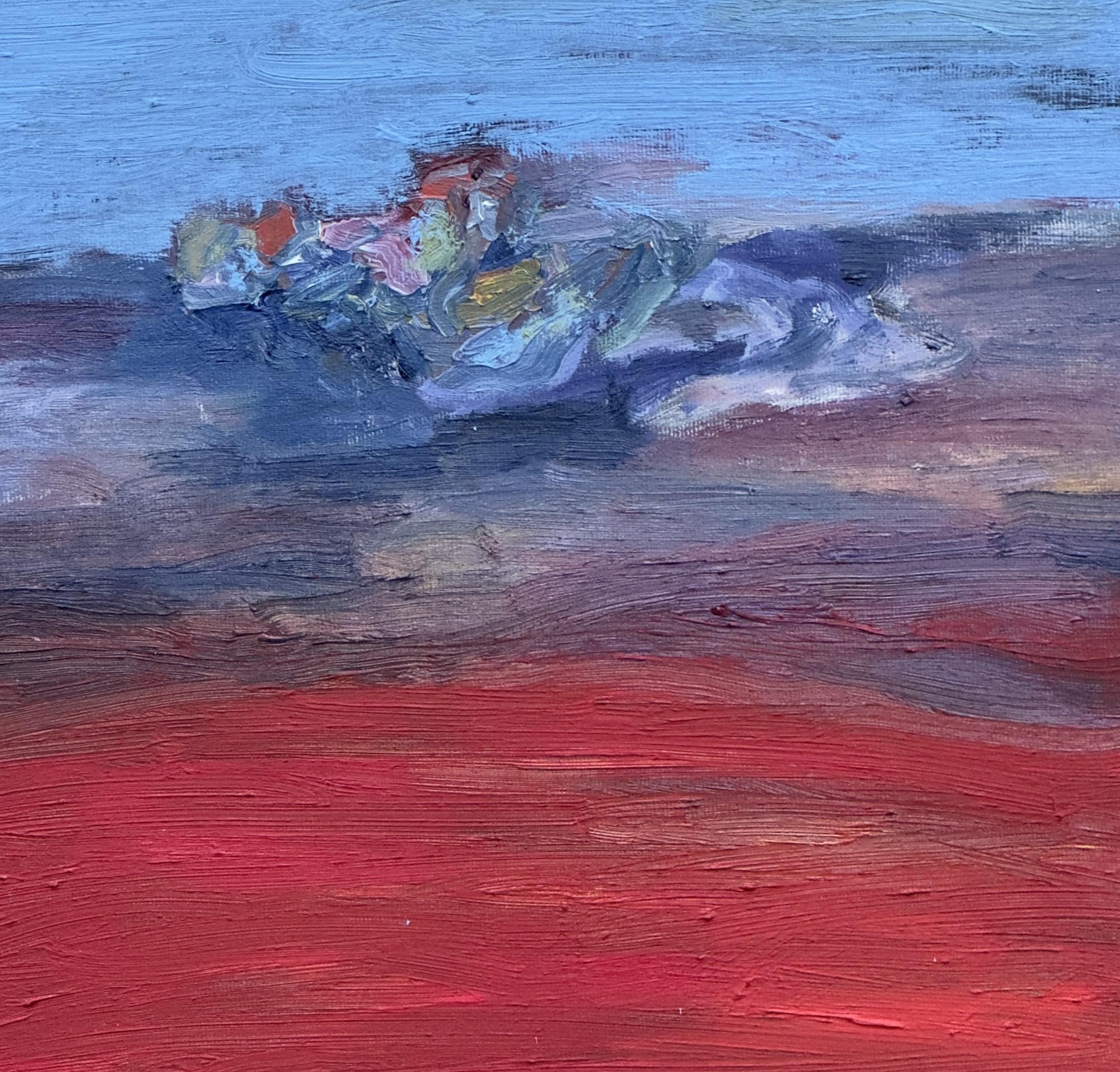Body in the Field #1 - Body, blue, red, landscape, painting - Pink Landscape Painting by Zsolt Berszán
