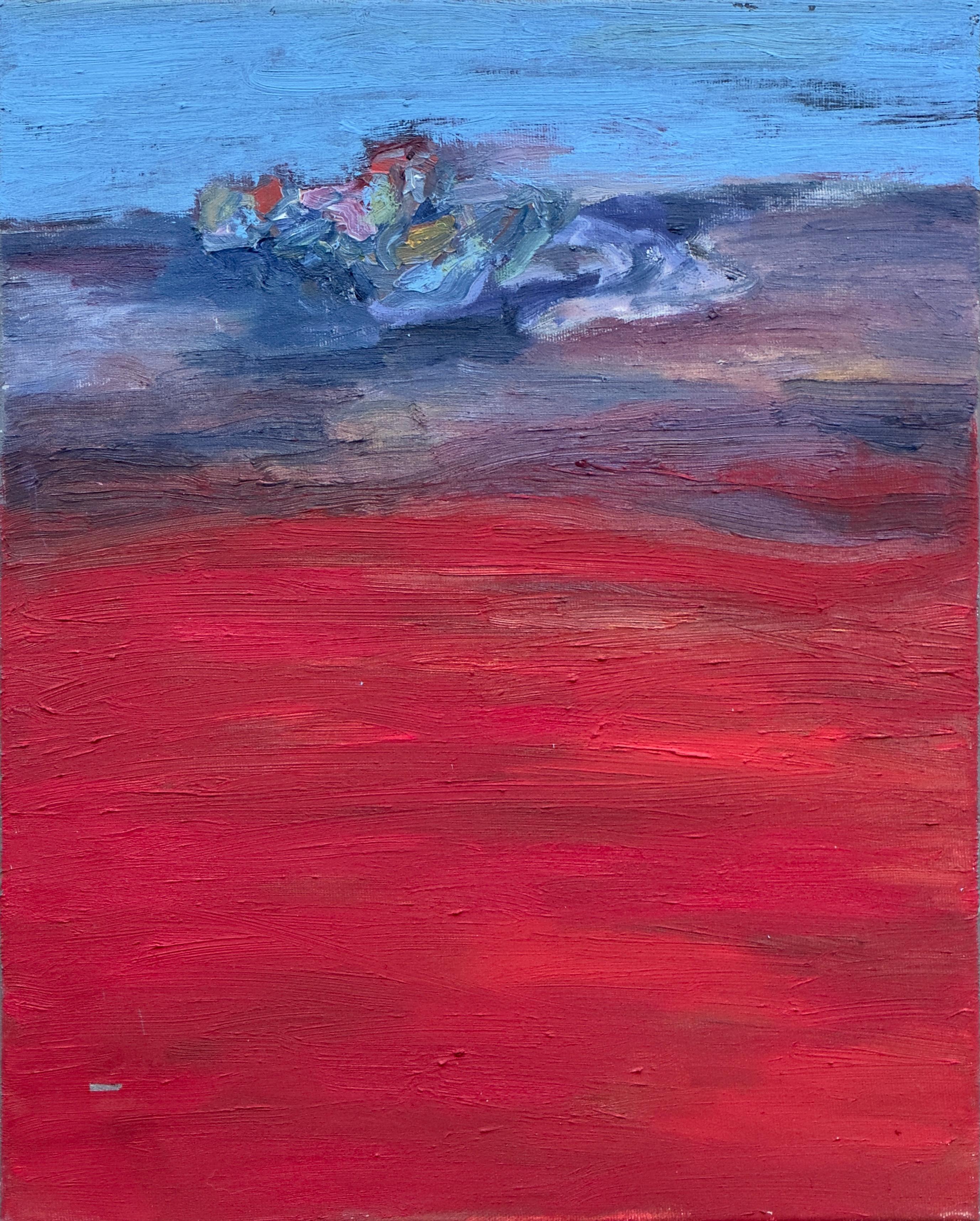 Zsolt Berszán Landscape Painting - Body in the Field #1 - Body, blue, red, landscape, painting