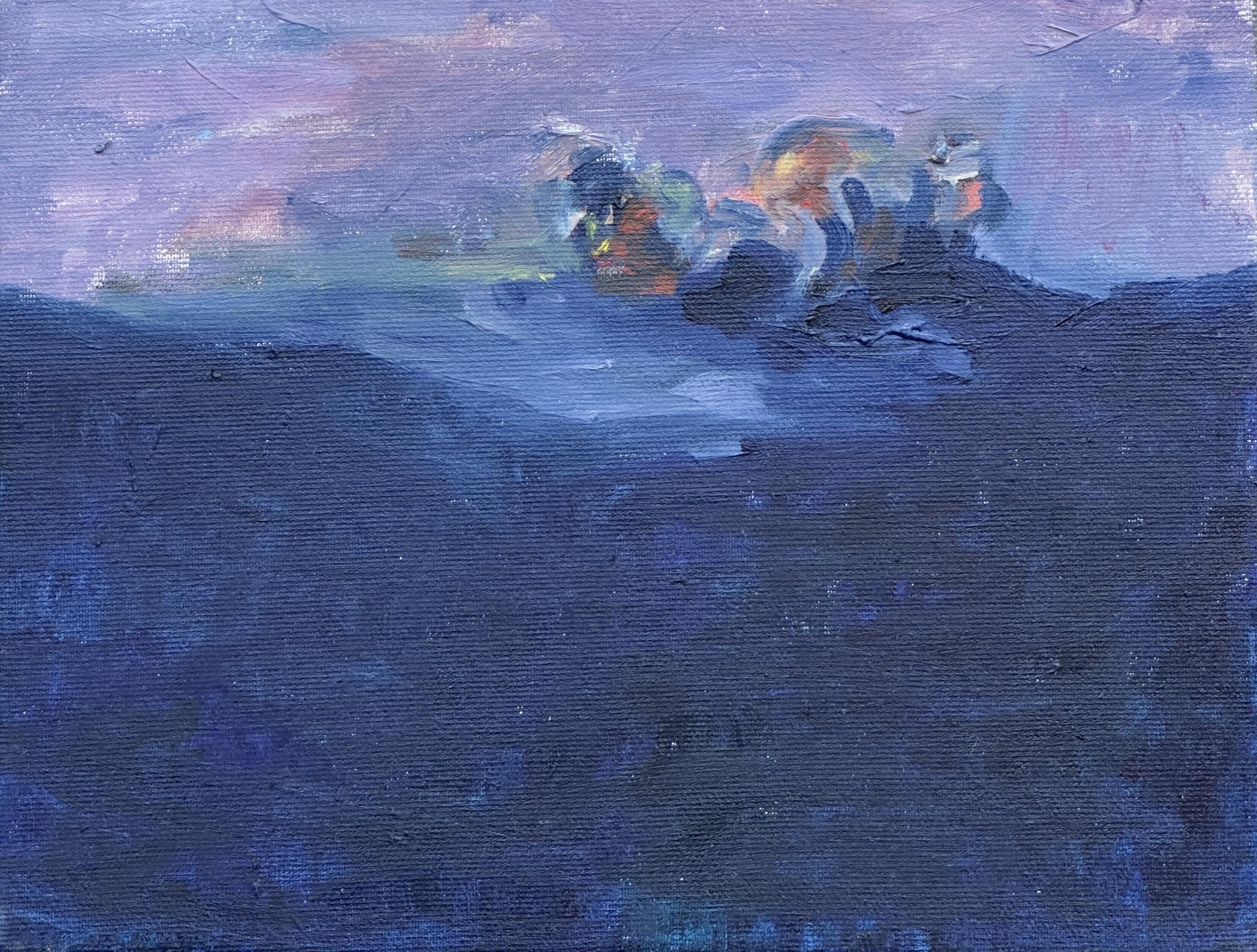 Cuerpo en el campo #10 - Siglo XXI, pintura al óleo, paisaje, amarillo, azul - Figurative Painting Gris de Zsolt Berszán
