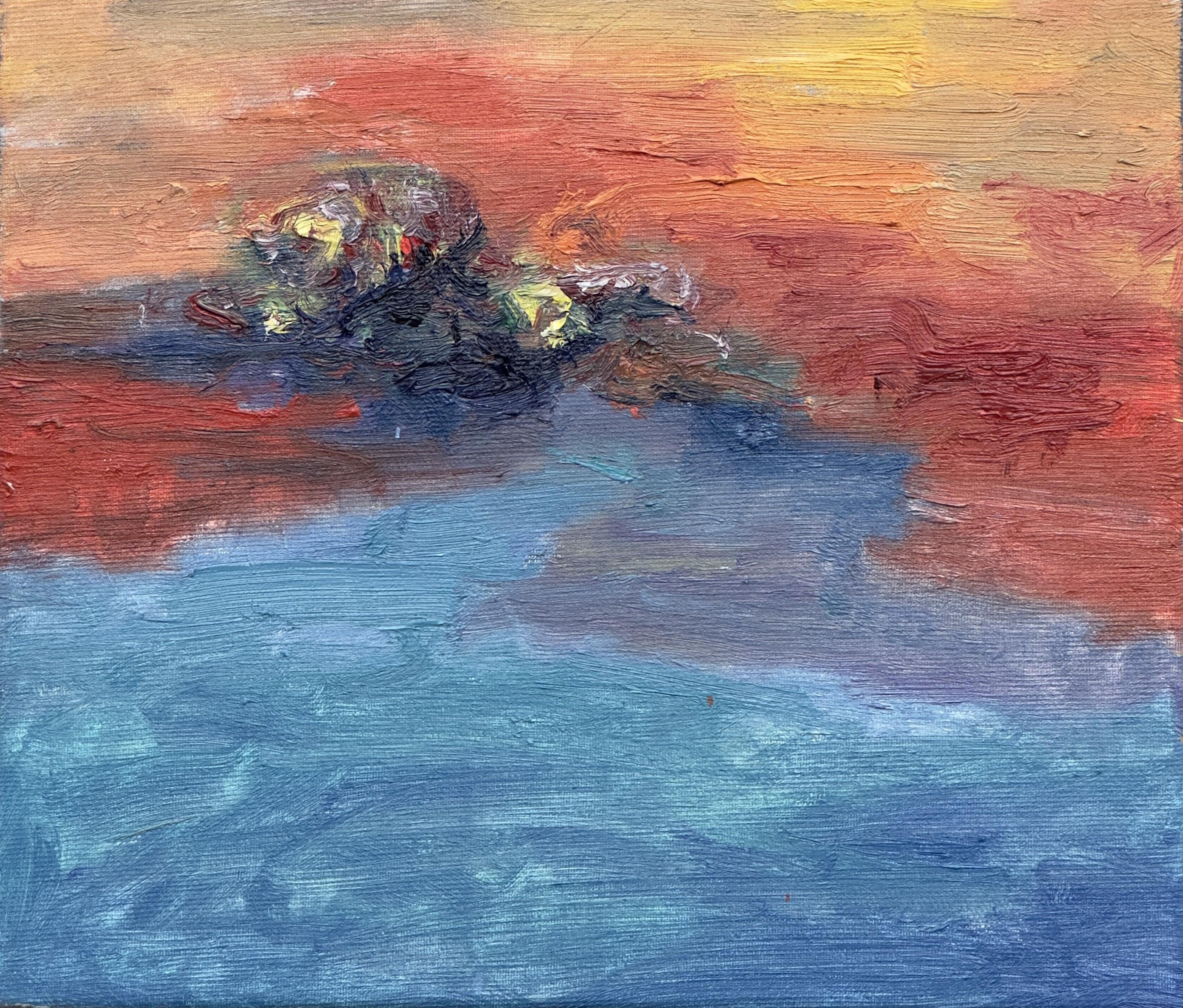 Cuerpo en el campo #11 - Siglo XXI, pintura al óleo, paisaje, bleu, rojo - Figurative Painting Gris de Zsolt Berszán
