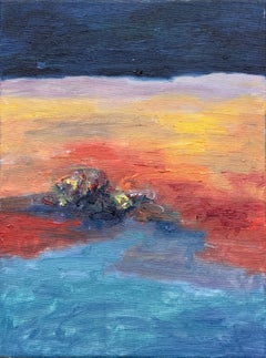 Body in the Field #11 - 21st Century, oil painting, landscape, bleu, red