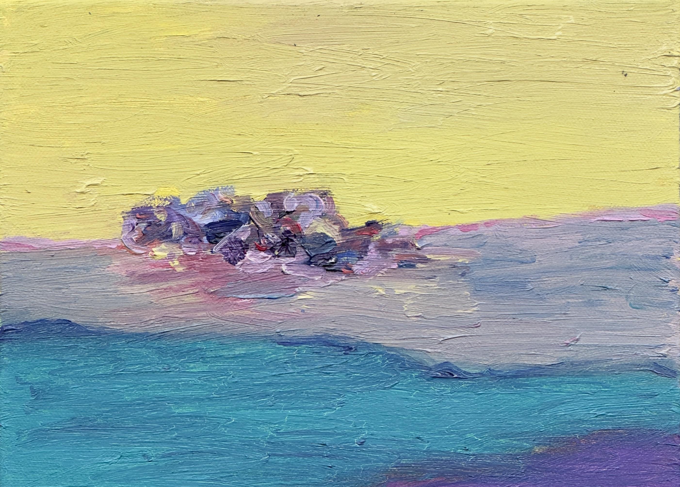 Body in the Field #13 - 21st Century, oil painting, landscape, violet, yellow - Painting by Zsolt Berszán