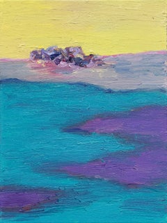 Cuerpo en el campo #13 - Siglo XXI, pintura al óleo, paisaje, violeta, amarillo