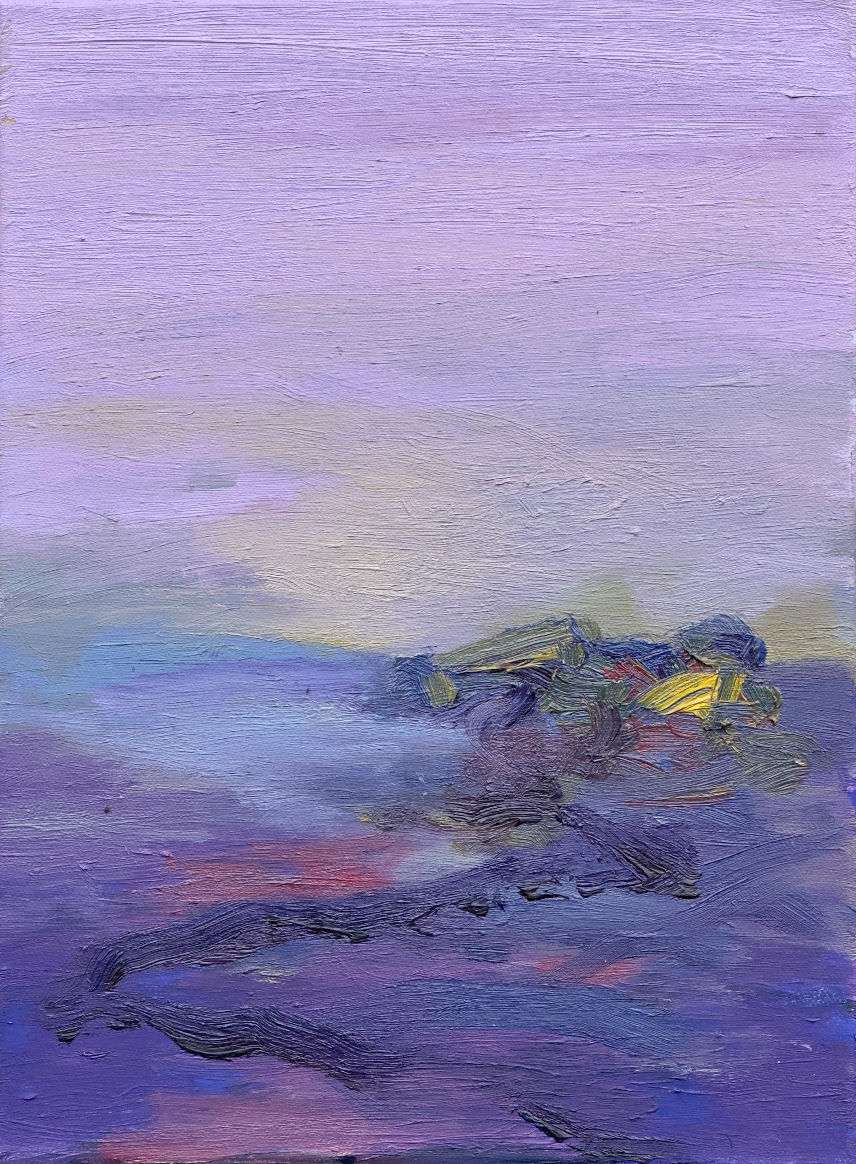 Figurative Painting di Zsolt Berszán - Corpo in campo #14 - 21° secolo, pittura a olio, paesaggio, viola